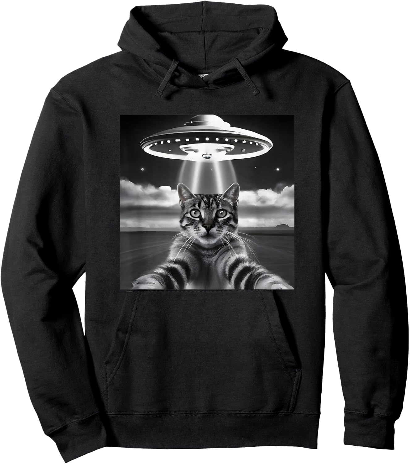 Cat UFO Selfie Funny Alien Invasion Retro Classic Photo Hoodie - Hoodie | Black
