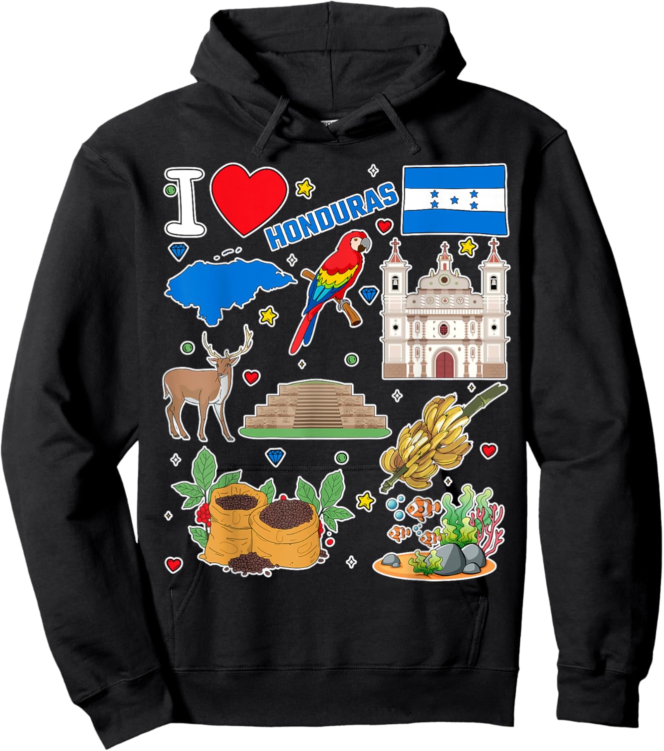 Honduran hand drawn symbols, Honduras map, cultural icons Hoodie - Hoodie | Black
