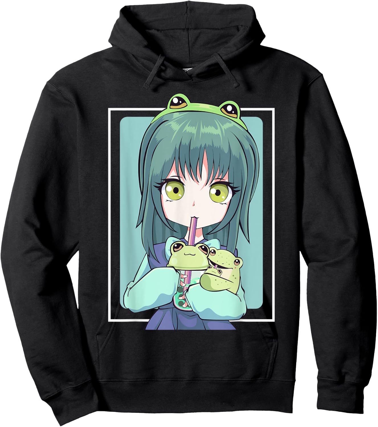 Anime Girl for Frog Lovers and Kawaii Boba Tea Frog Teens Hoodie - Hoodie | Black