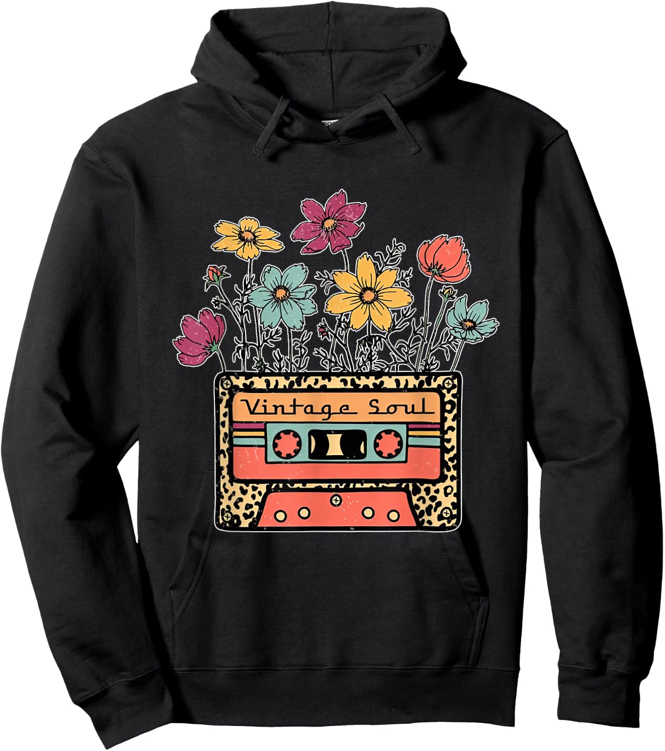 Funny Vintage Soul Leopard Cassette Tape Flowers Wildflower Hoodie - Hoodie | Black