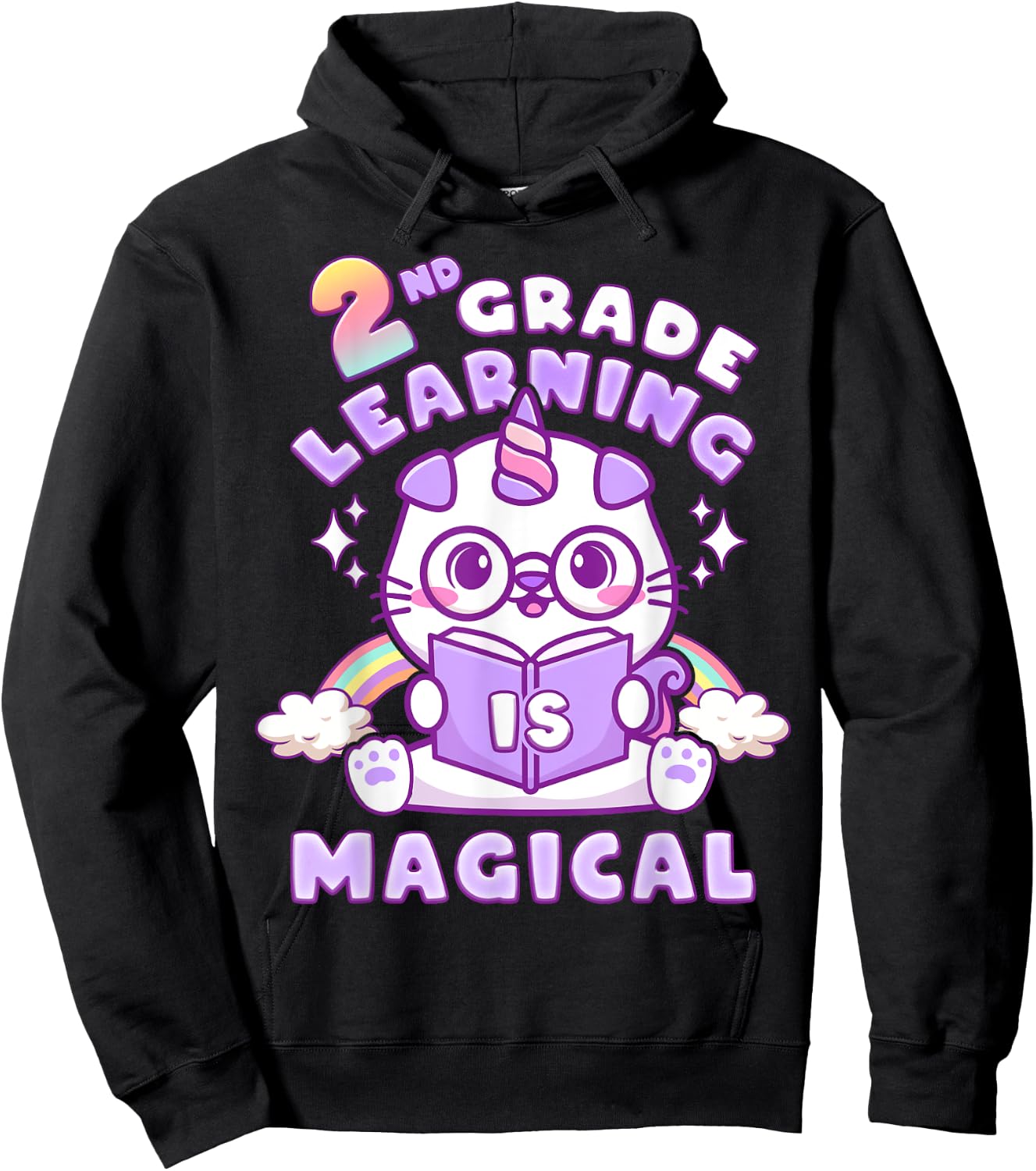 Back To School First Day of 2nd Grade Girl Unicorn Cat Hoodie - Hoodie | Black