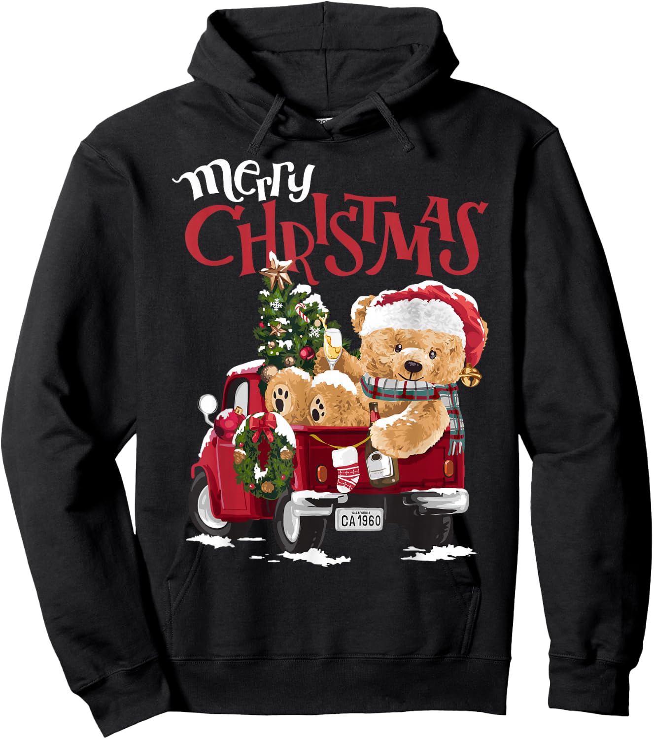 Teddy bear and Christmas tree in red truck Hoodie - Hoodie | Black