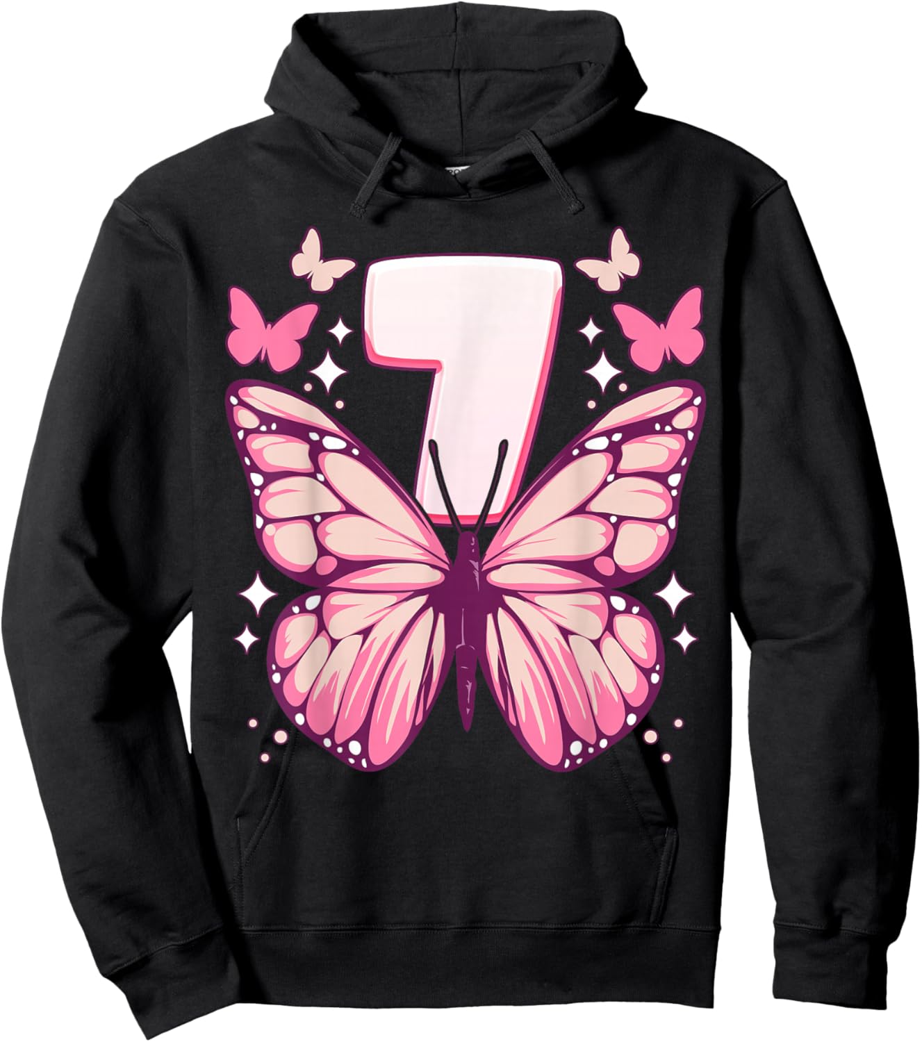 Birthday Girl 7 Years, Butterflies and Number 7 Hoodie - Hoodie | Black