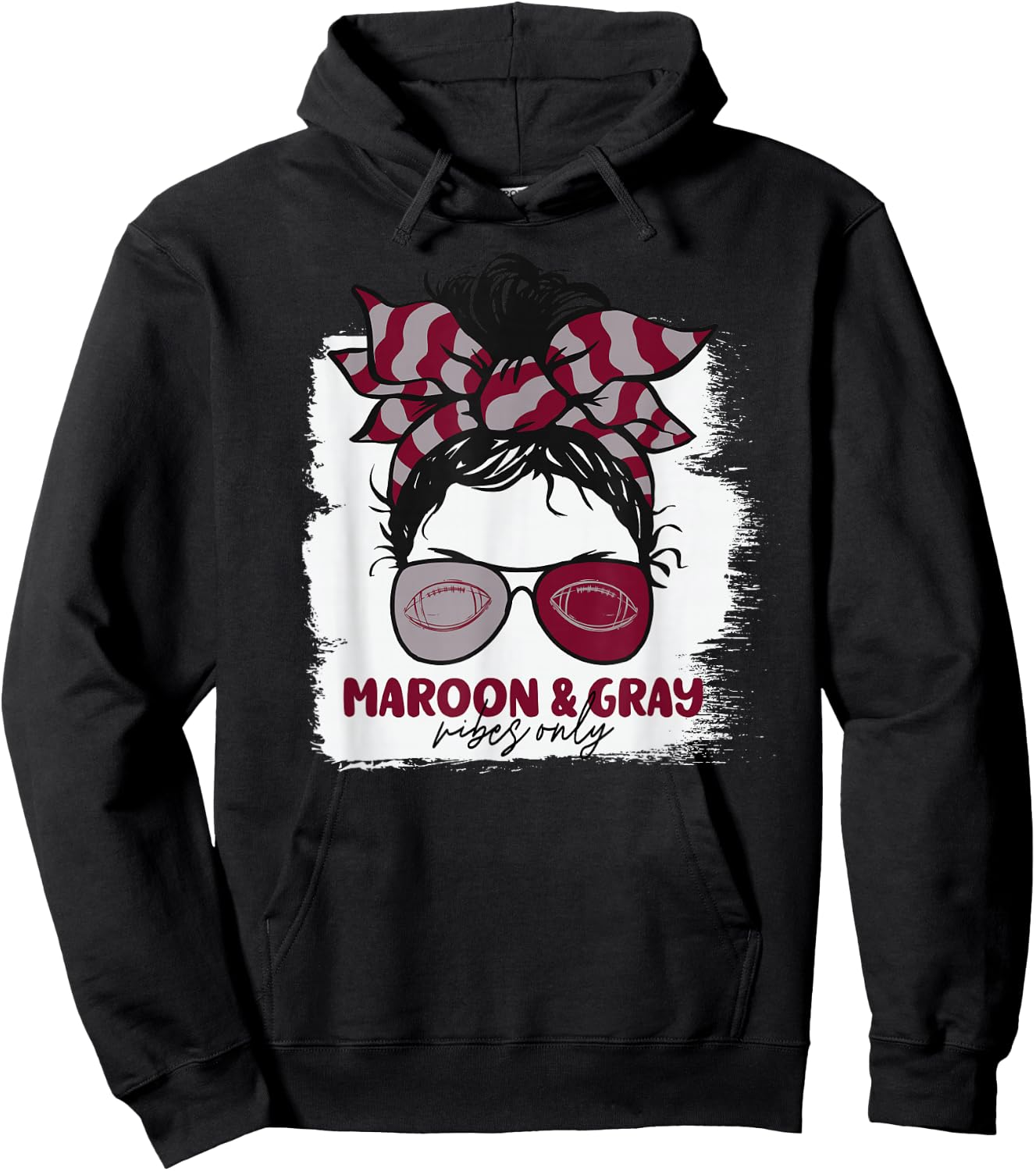 Maroon and Gray Vibes Only Football Mom Gameday Messy Hair Hoodie - Hoodie | Black