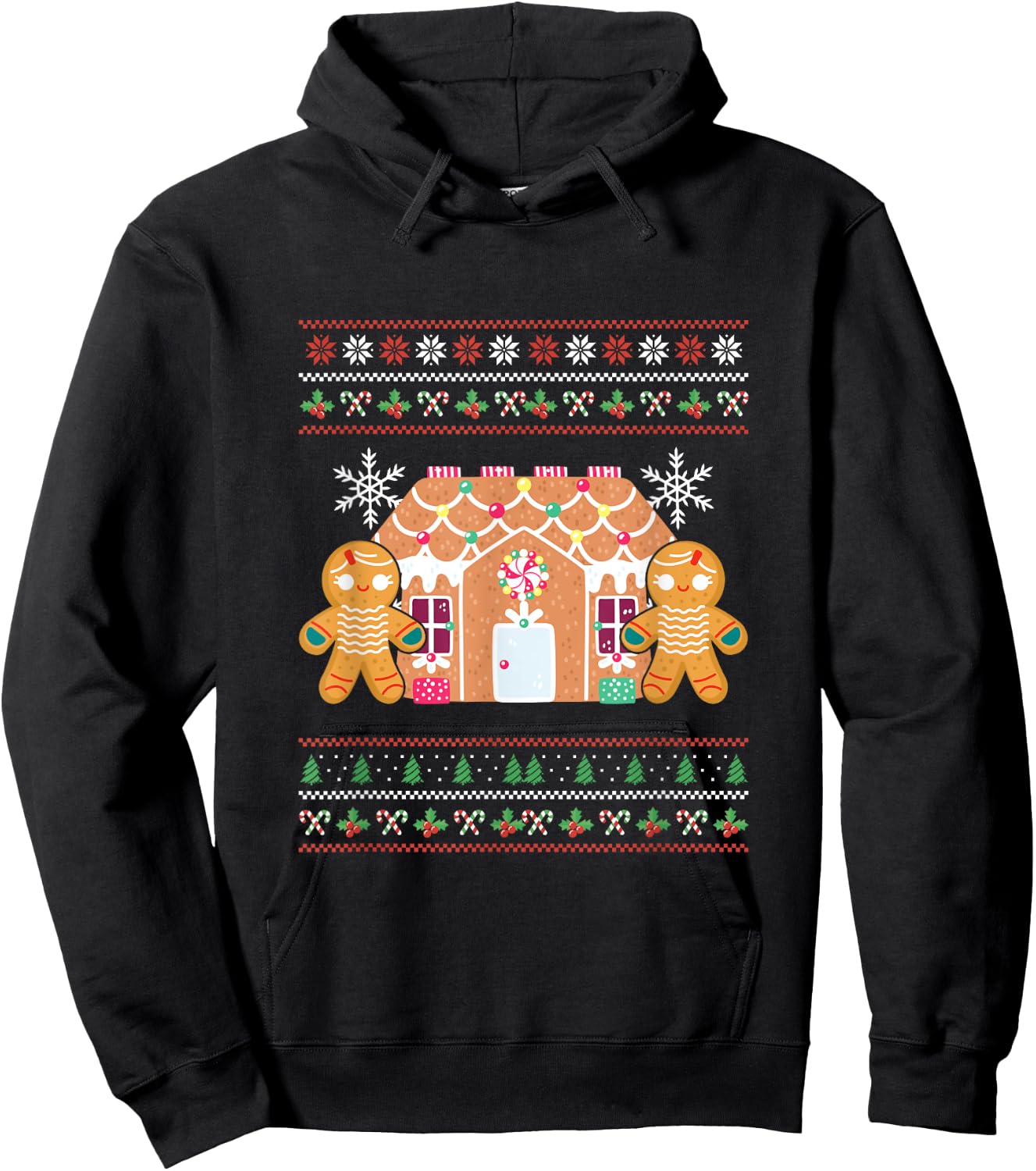 Ugly Christmas Gingerbread House Santa Claus New Year Deer Hoodie - Hoodie | Black
