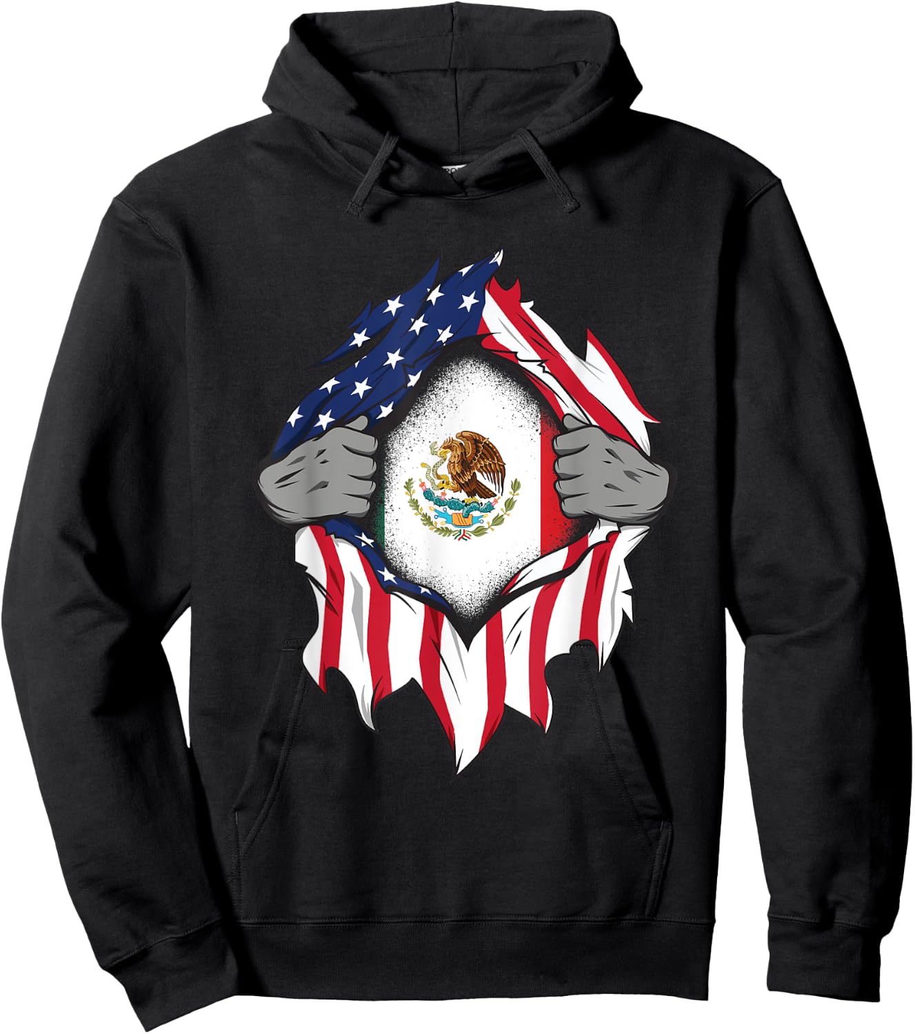Mexican American Flags Hands Ripping Flag on Chest Hoodie - Hoodie | Black