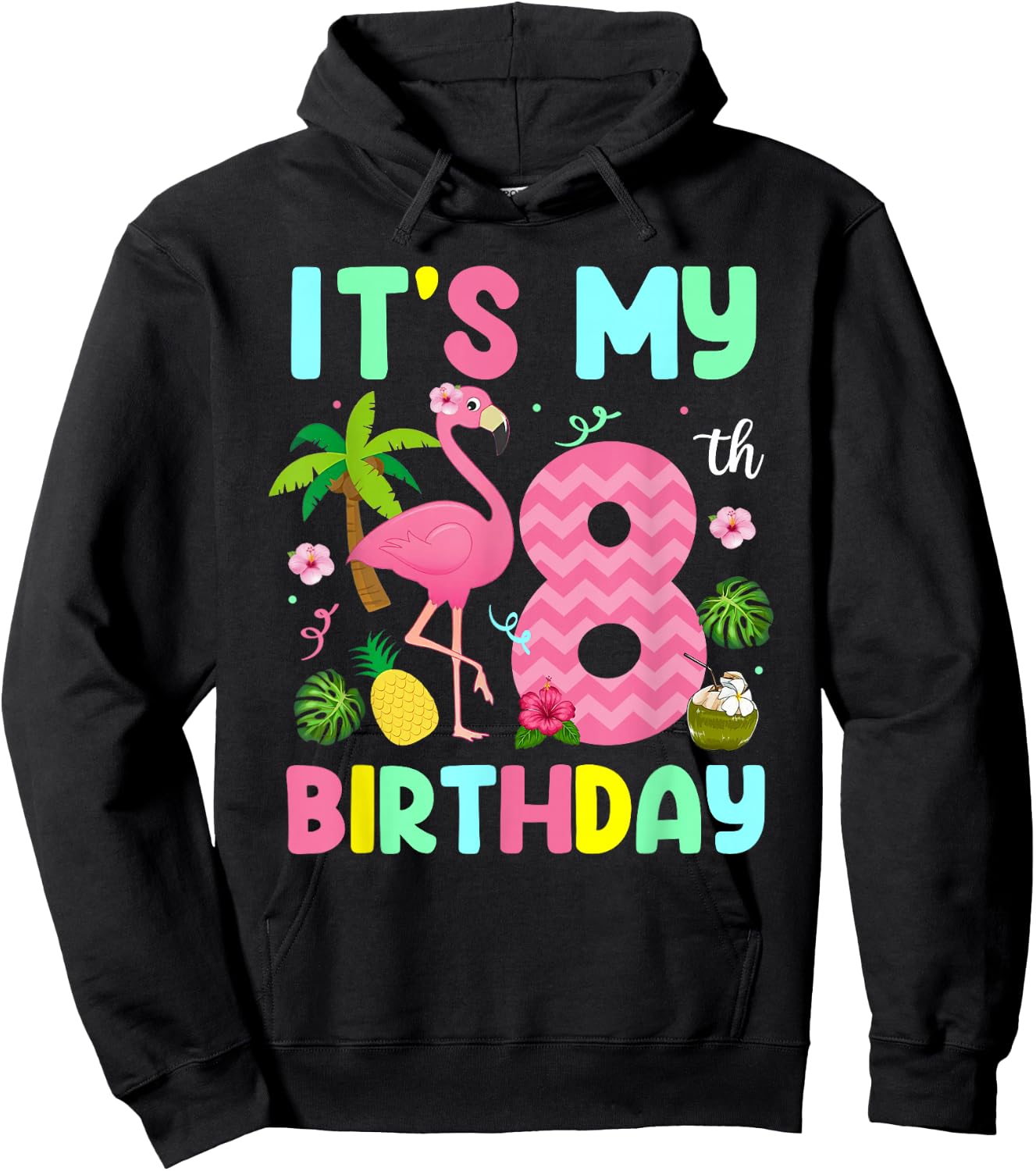 It's My 8th Birthday Flamingo Shirt Hawaii 8 Yrs Old Girl Hoodie - Hoodie | Black