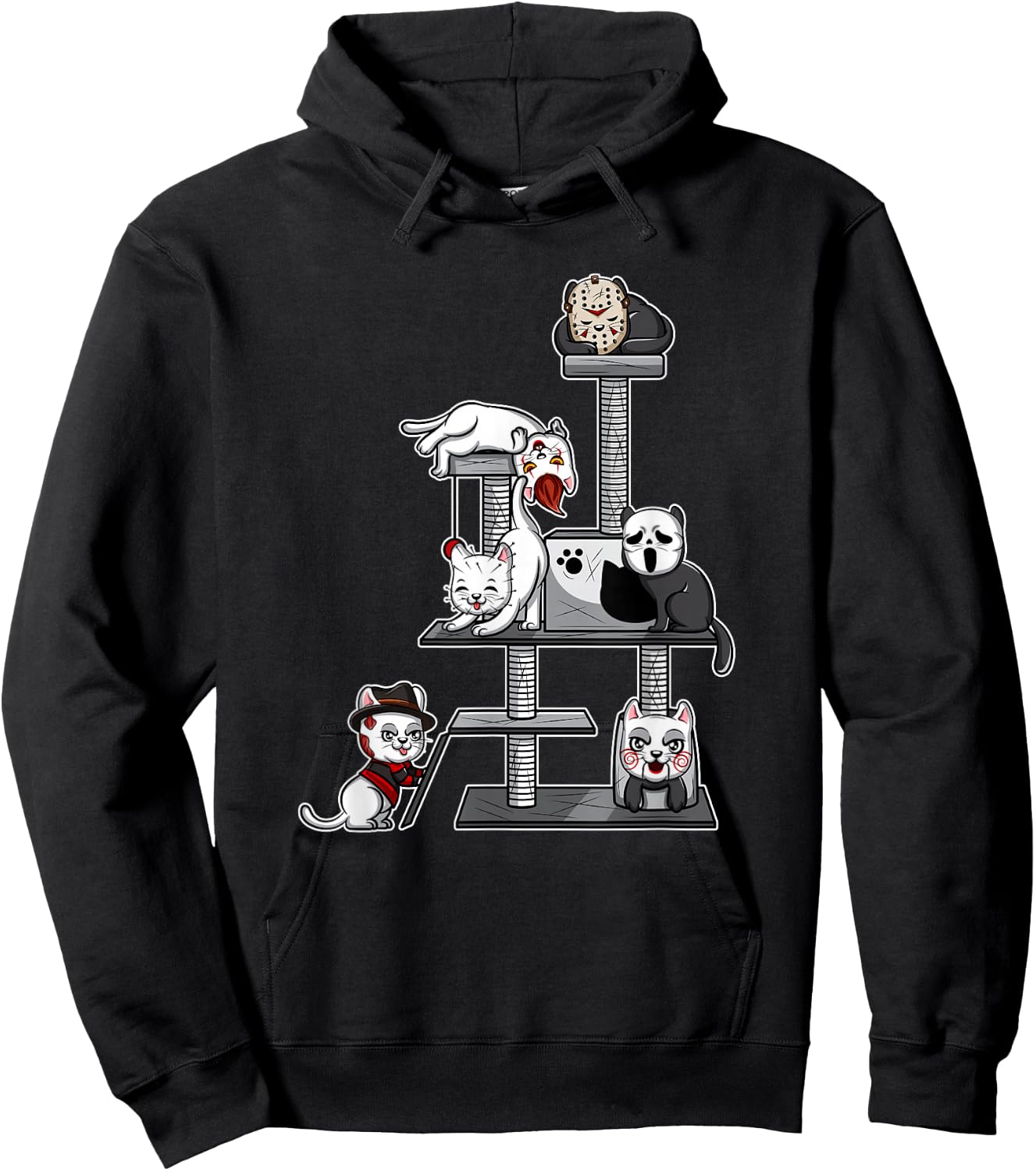 Funny Horror Movie Cats Playing On Cat Tree Hoodie - Hoodie | Black