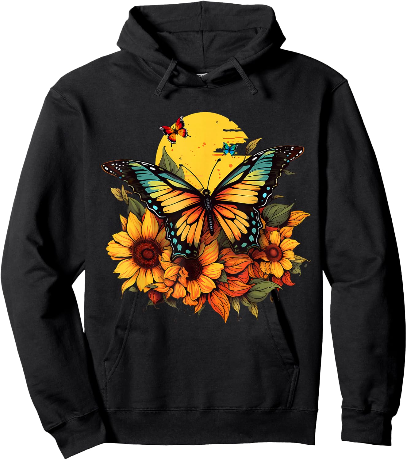 Butterflies Sunflower Design Hoodie - Hoodie | Black