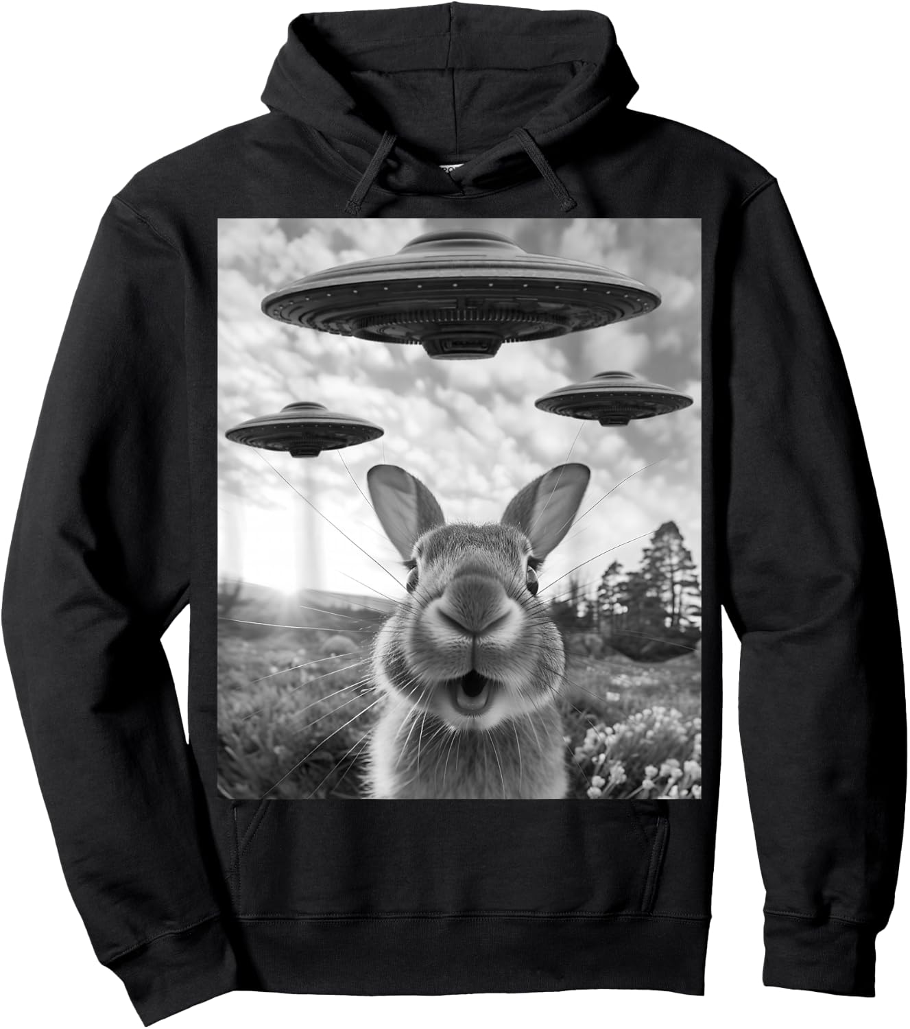 Rabbit Selfie with UFOs Vintage Alien Rabbit Hoodie - Hoodie | Black