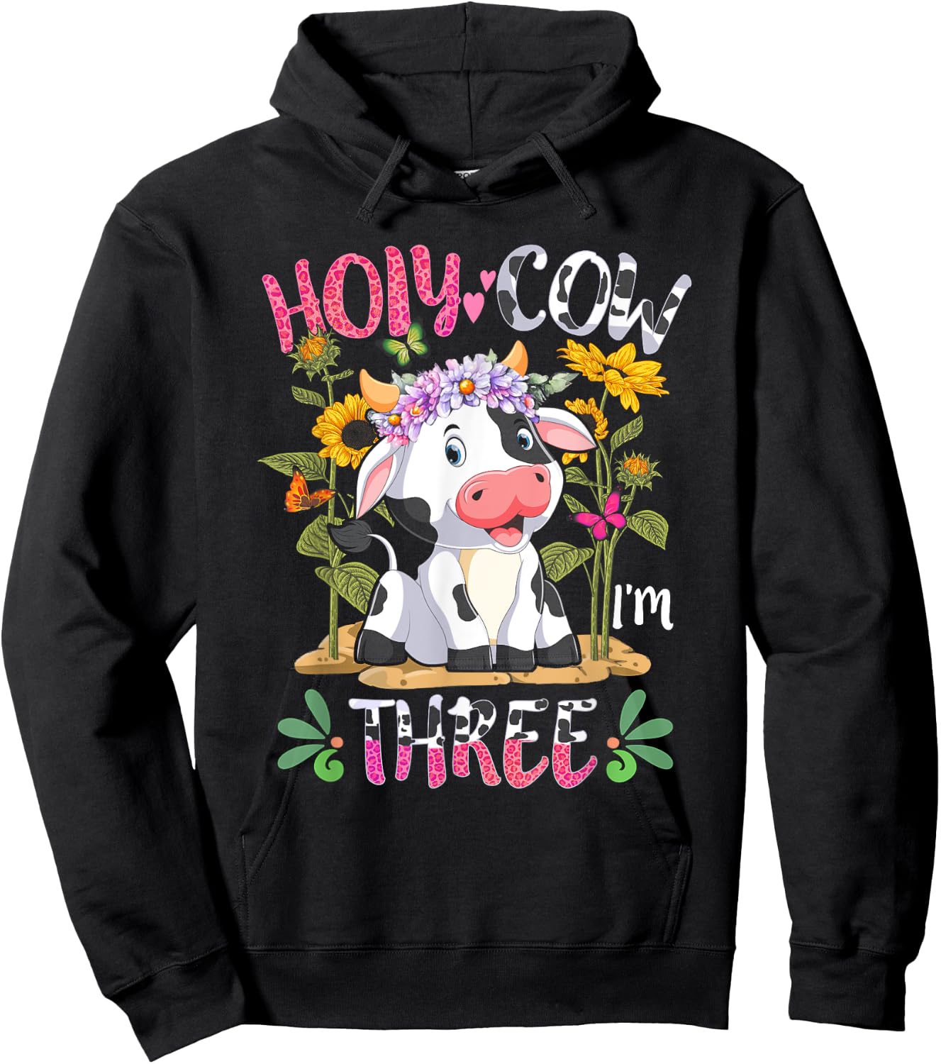 Girl Holy Cow I'm Three 3 Years Old 3rd Birthday Farming Hoodie - Hoodie | Black