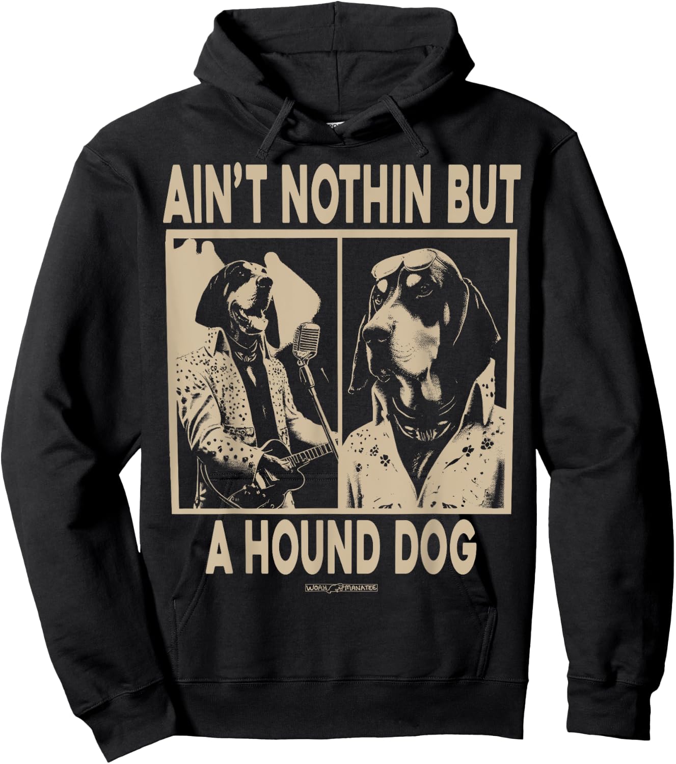 WOAH MANATEE AIN'T NOTHIN' BUT A HOUND DOG -Adults Dog Themed Black Small Classic Fit Short Sleeve Cotton Hoodie - Hoodie | Black