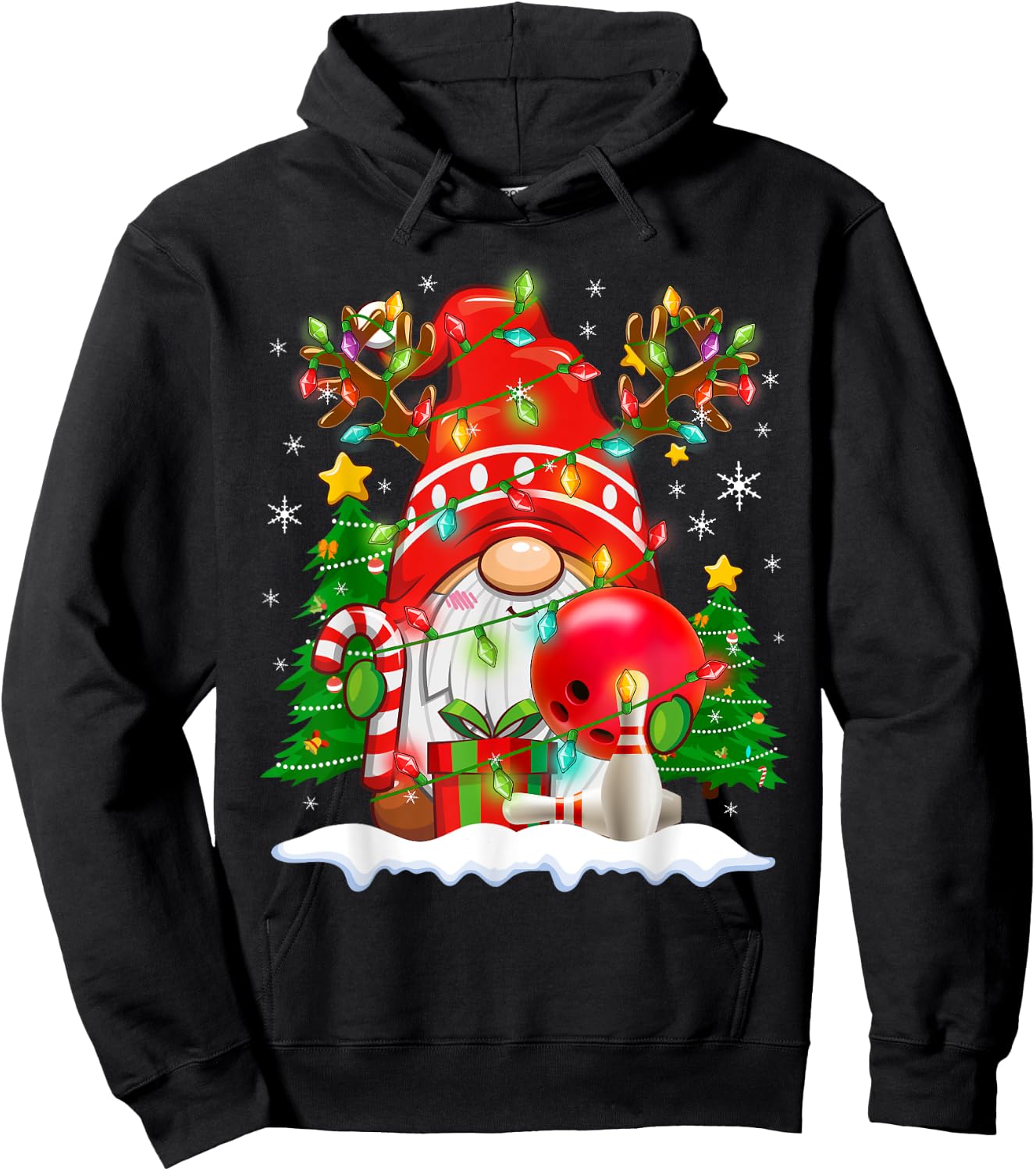 Funny Reindeer Gnome & Bowling Ball Christmas Lights Xmas Hoodie - Hoodie | Black