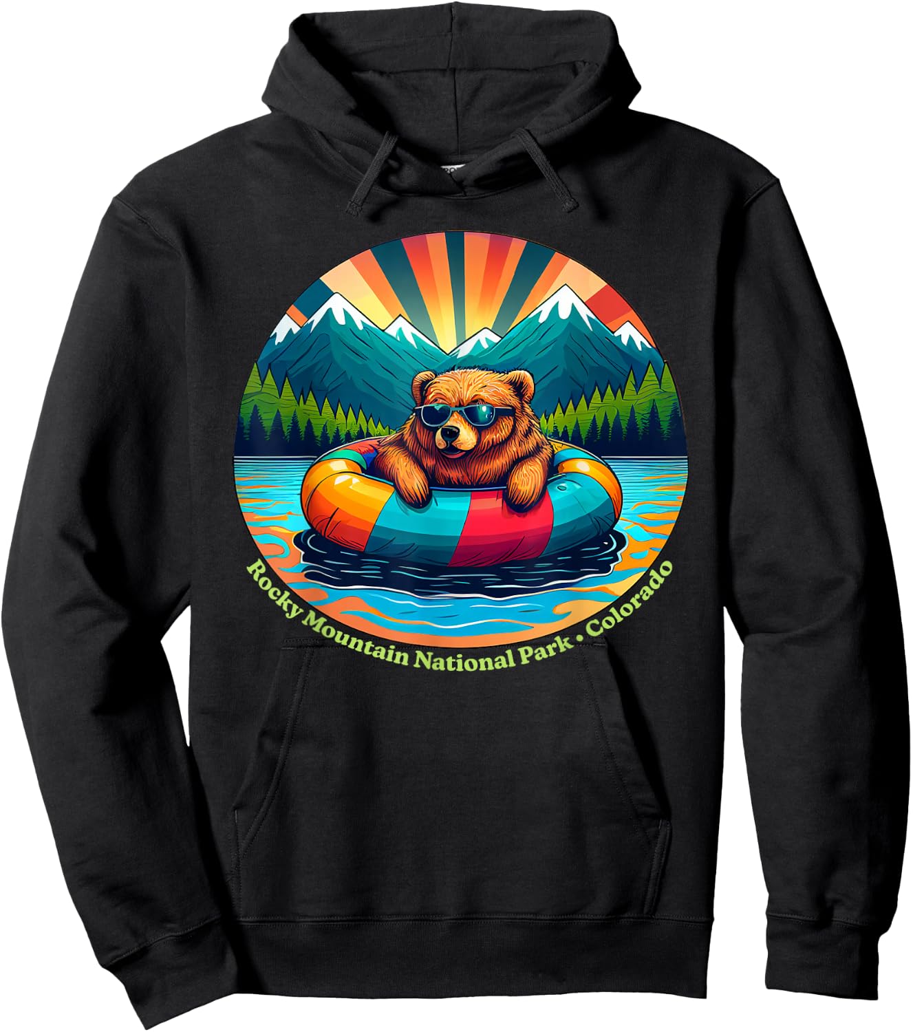 Rocky Mountain National Park Bear with Sunglasses Souvenir Hoodie - Hoodie | Black