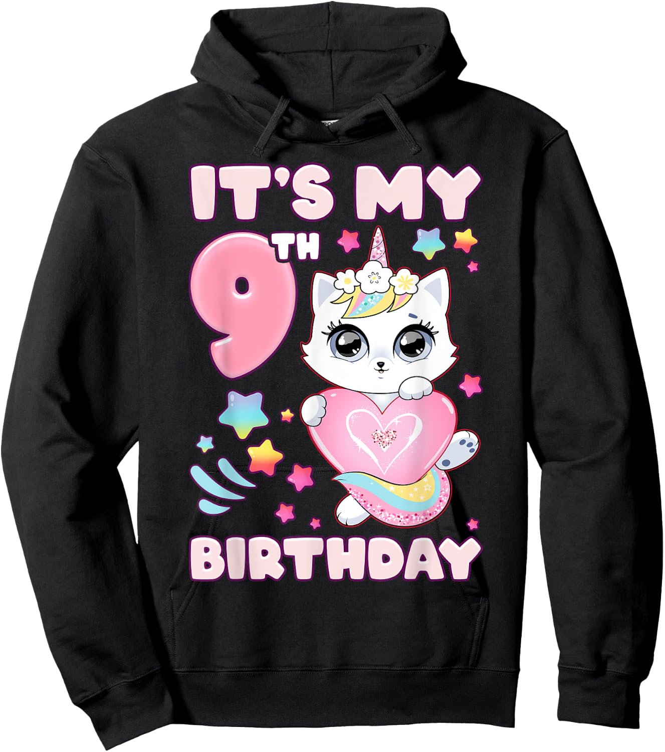 Birthday girl 9 years old, cat, unicorn, 9th birthday Hoodie - Hoodie | Black