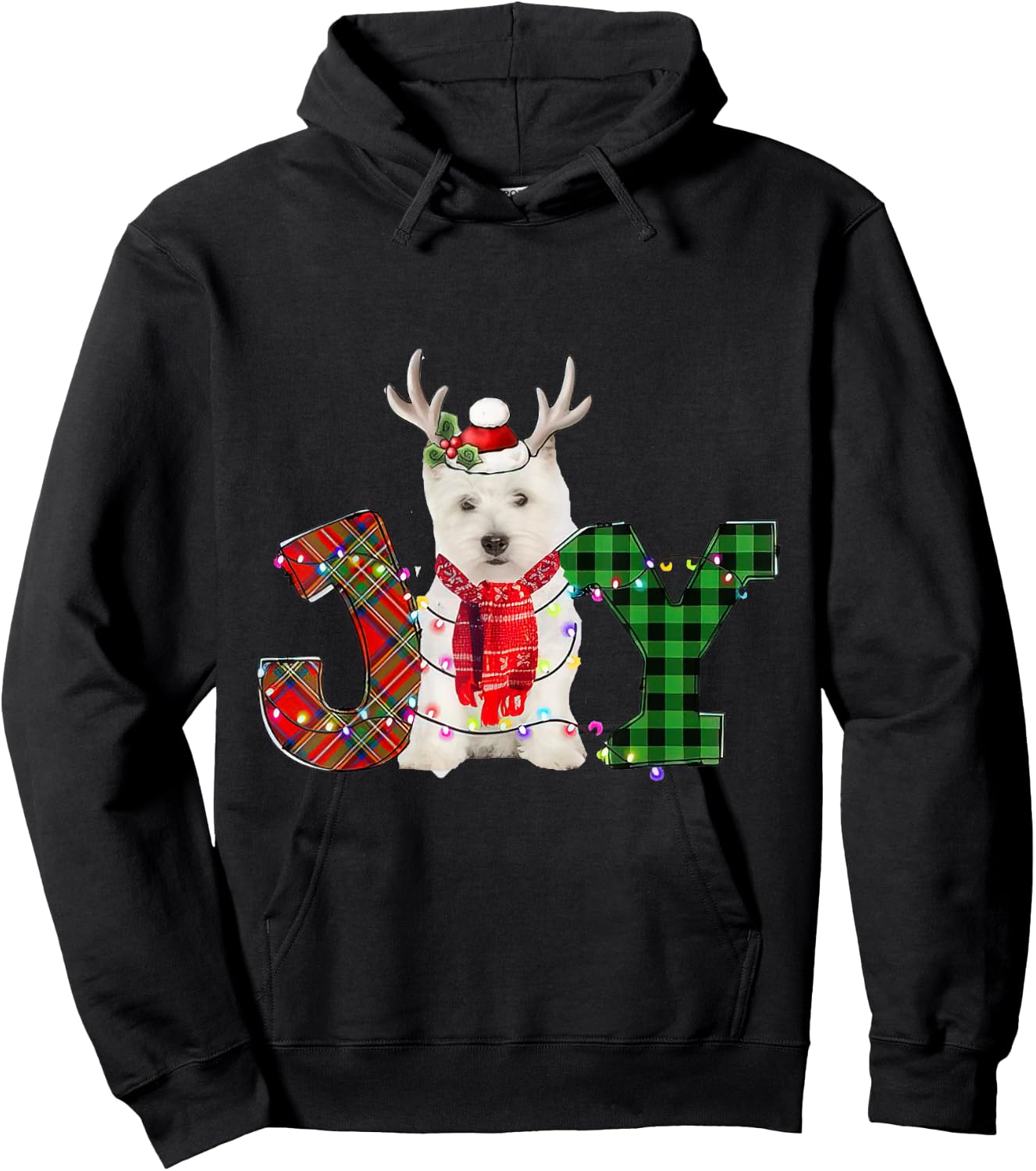 Joy Christmas Lights West Highland White Terrier Dog Santa Women Kids Hoodie - Hoodie | Black