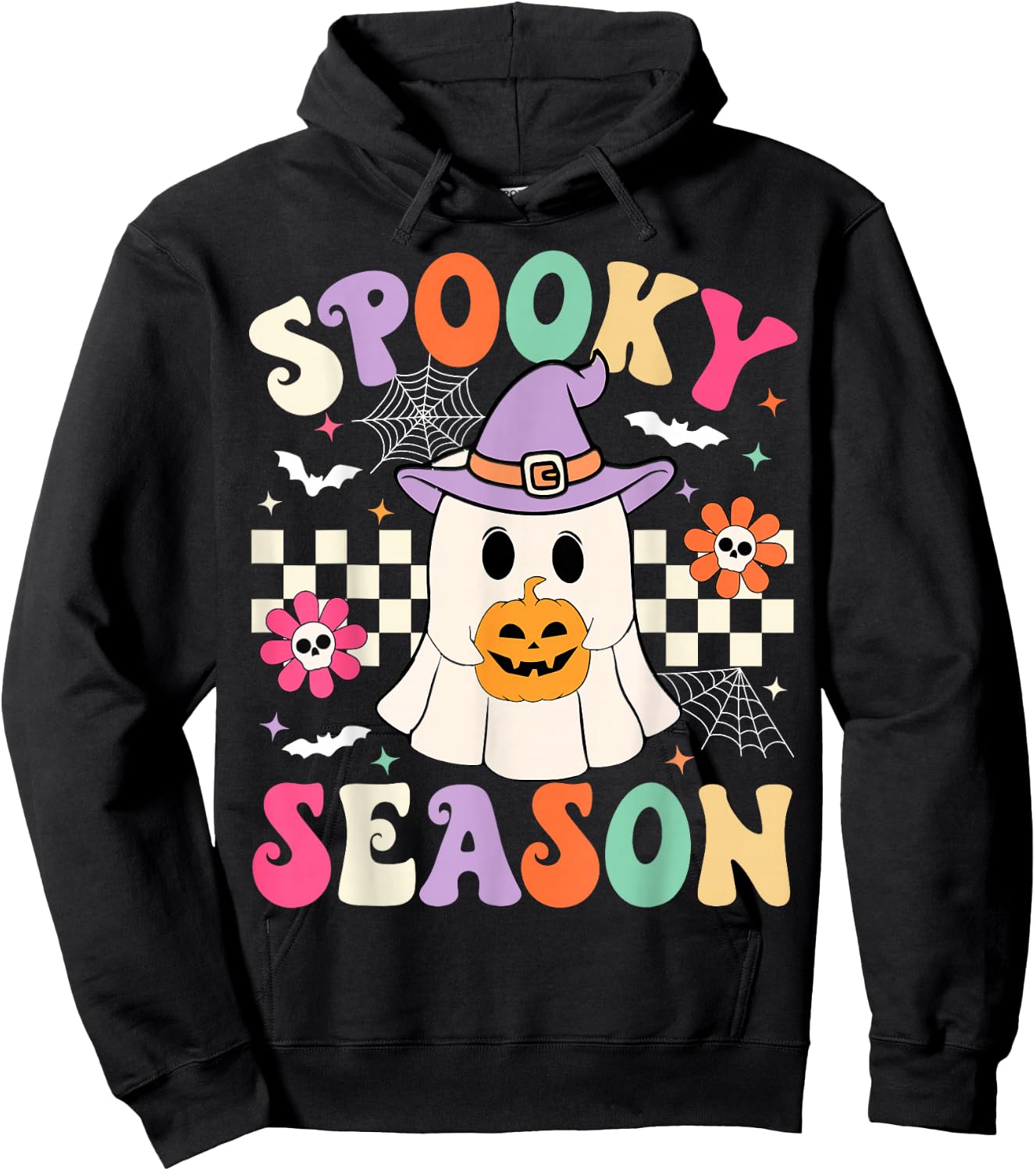 Groovy Spooky Season Retro Ghost Holding Pumpkin Halloween Hoodie - Hoodie | Black