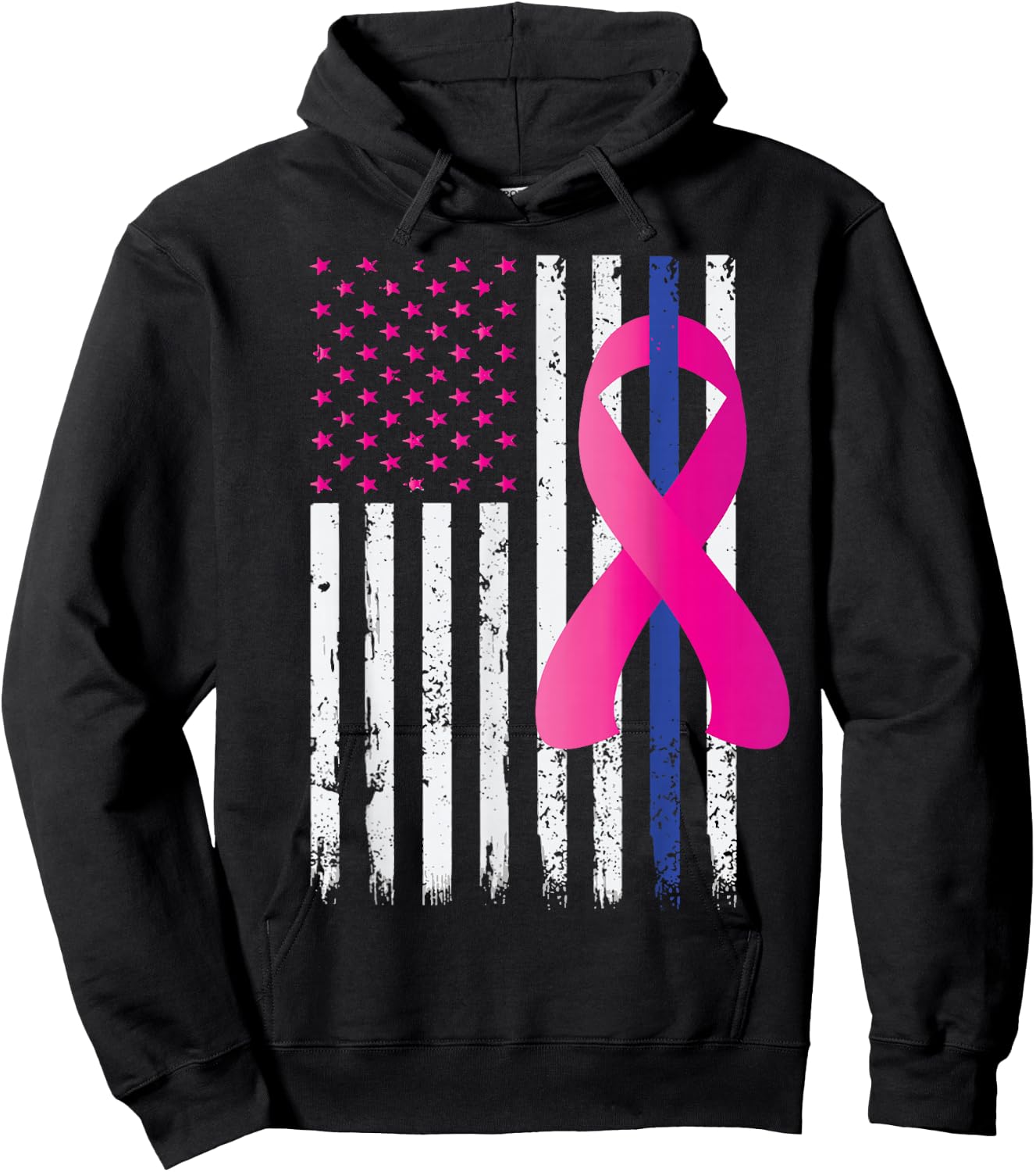 Breast Cancer Awareness Thin Blue Line Vintage Police Flag Hoodie - Hoodie | Black