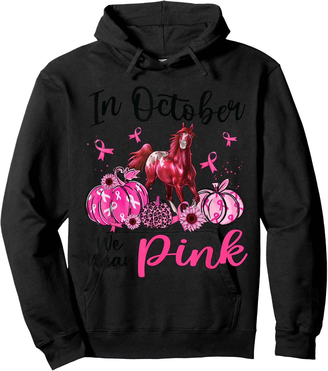 In October We Wear Pink Horse Pumpkin Leopard Breast Cancer Hoodie - Hoodie | Black
