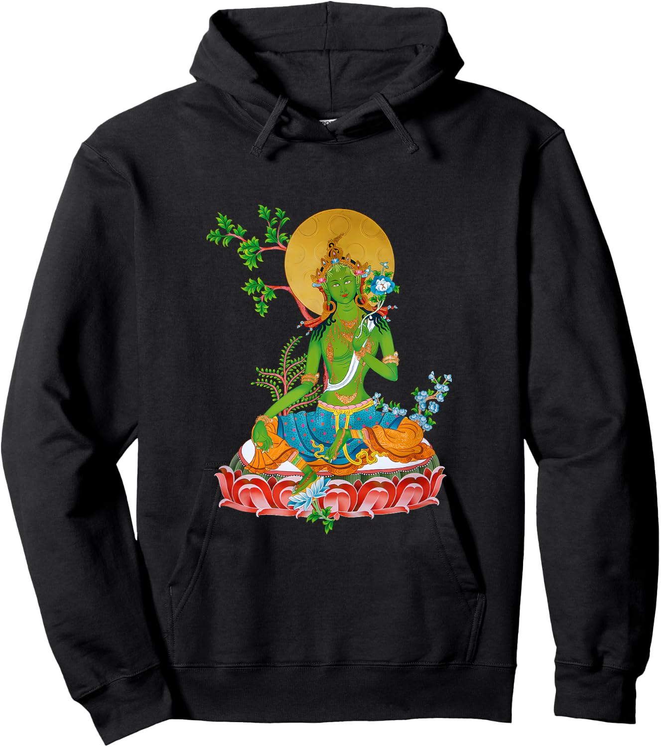 Tibetan Green Tara Buddha Hoodie - Hoodie | Black
