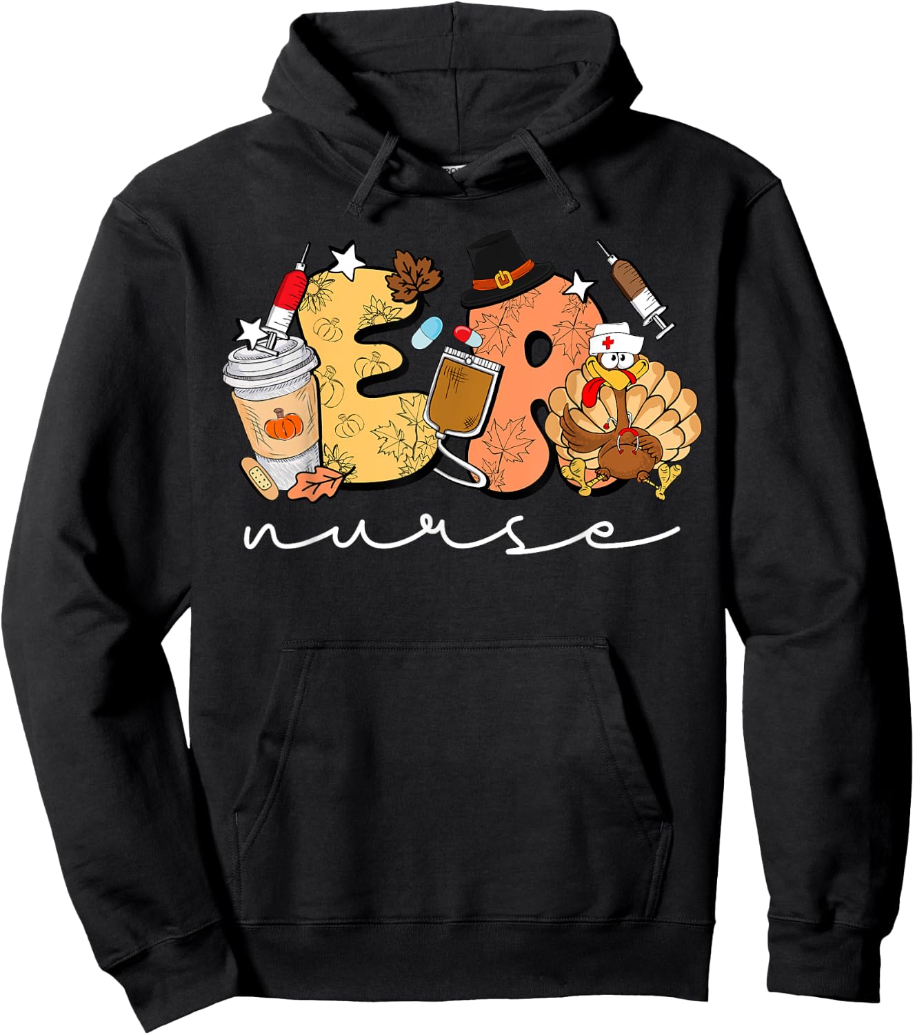 Retro Thanksgiving ER Nurse Turkey Emergency Room Nurse Hoodie - Hoodie | Black
