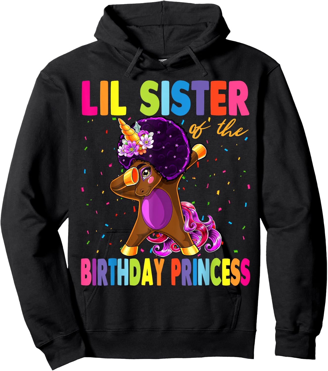 Dabbing Unicorn Afro Lil Sister of the Birthday Princess Hoodie - Hoodie | Black
