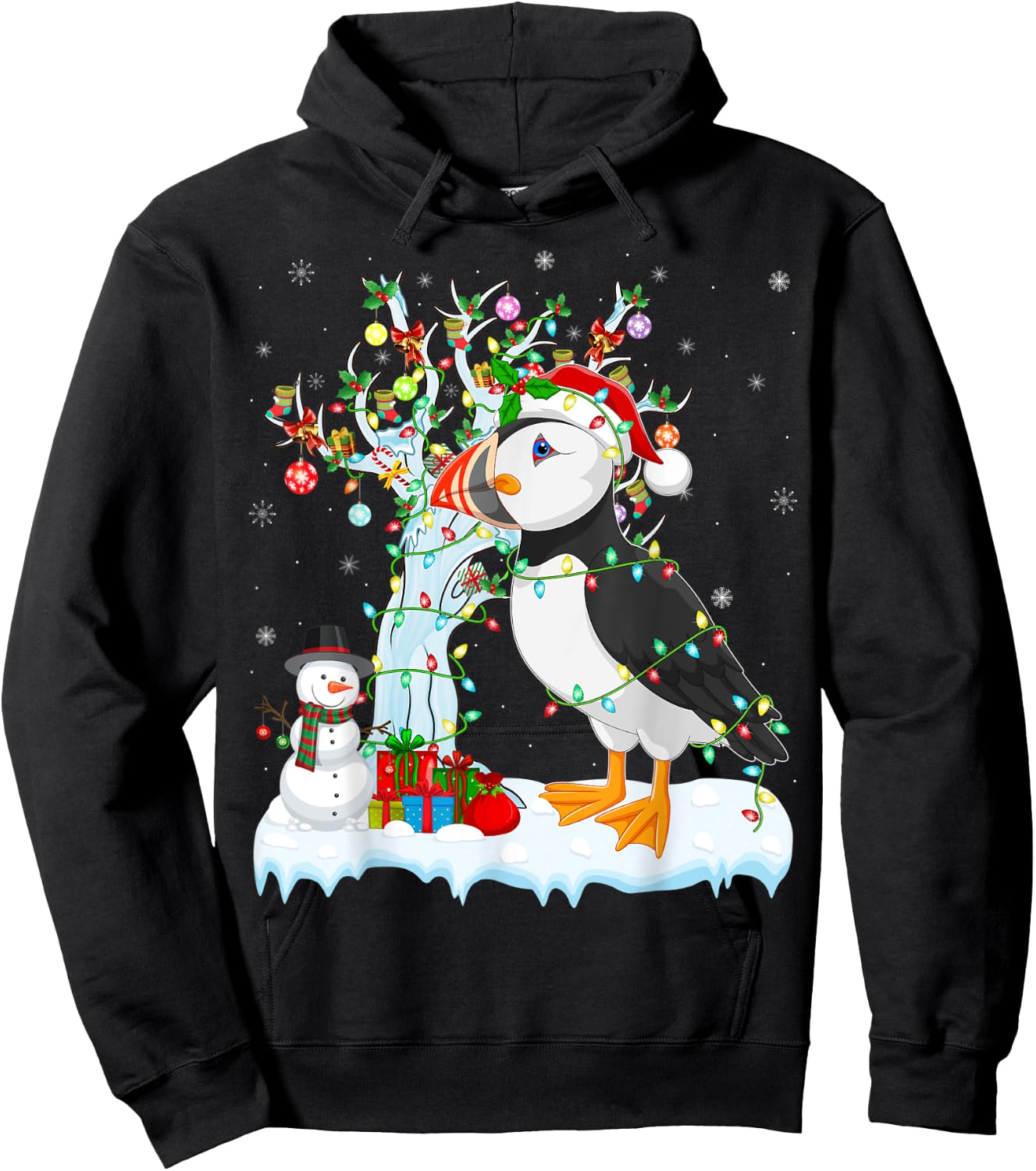 Puffin Bird Xmas Element Tree Lighting Puffin Christmas Hoodie - Hoodie | Black