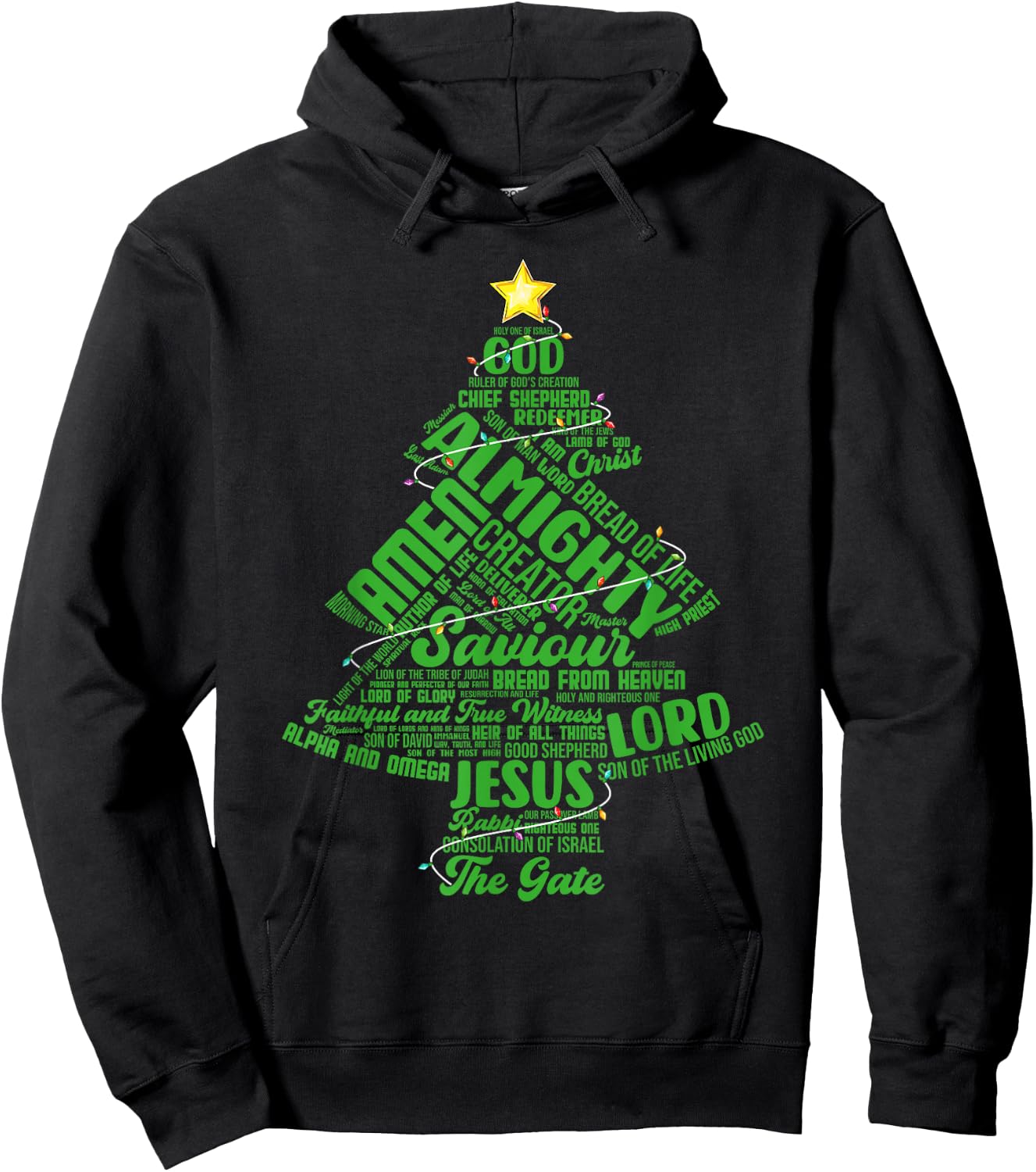Names Of Jesus Christmas Tree Lights Christian Xmas Pajama Hoodie - Hoodie | Black