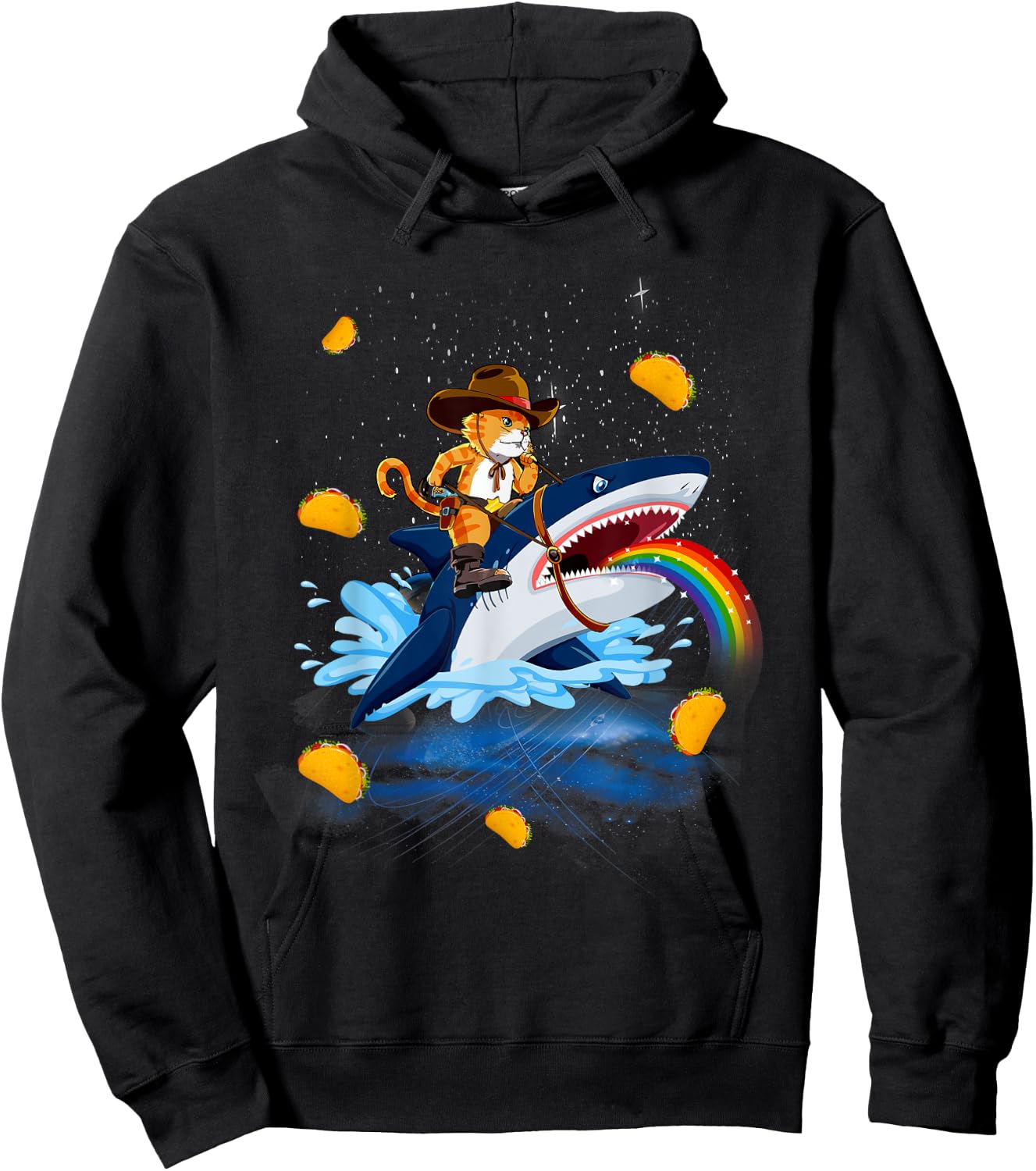 Western Cowboy Cat Riding A Shark In Taco Space Rainbow Hoodie - Hoodie | Black