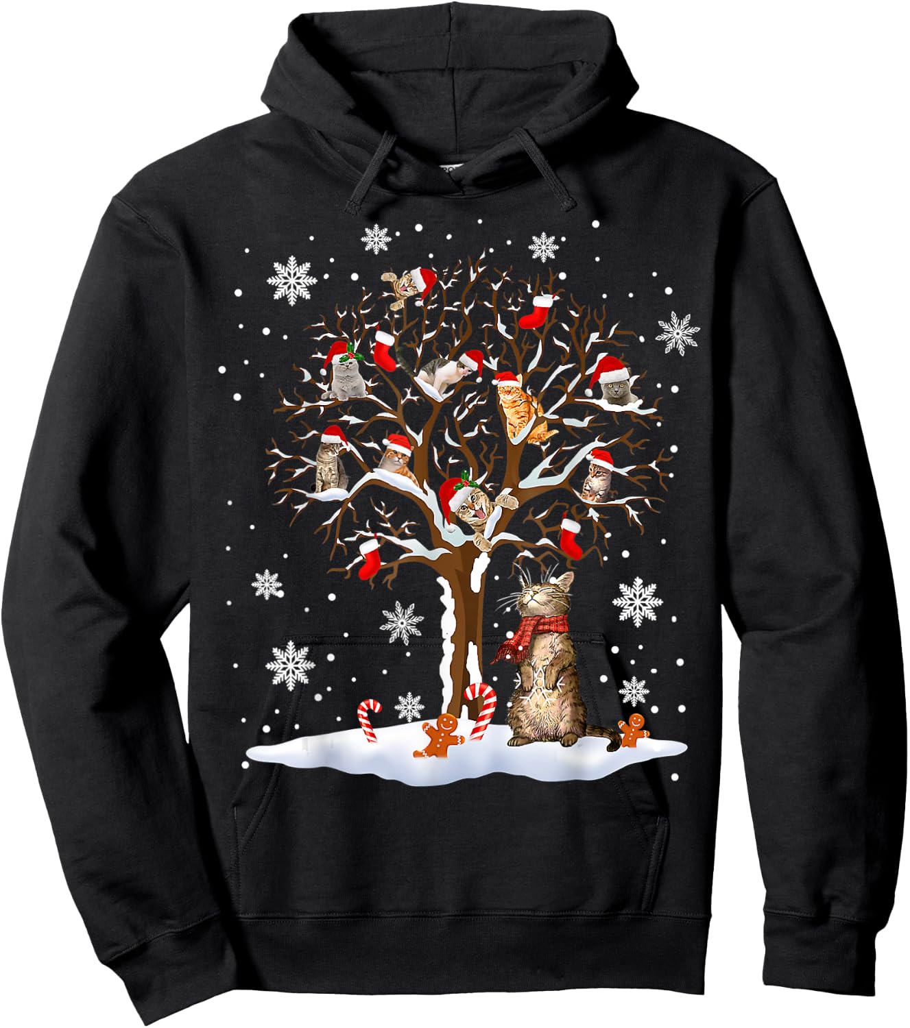 Cats In Snow Tree Winter Christmas Santa Hat X-mas Hoodie - Hoodie | Black
