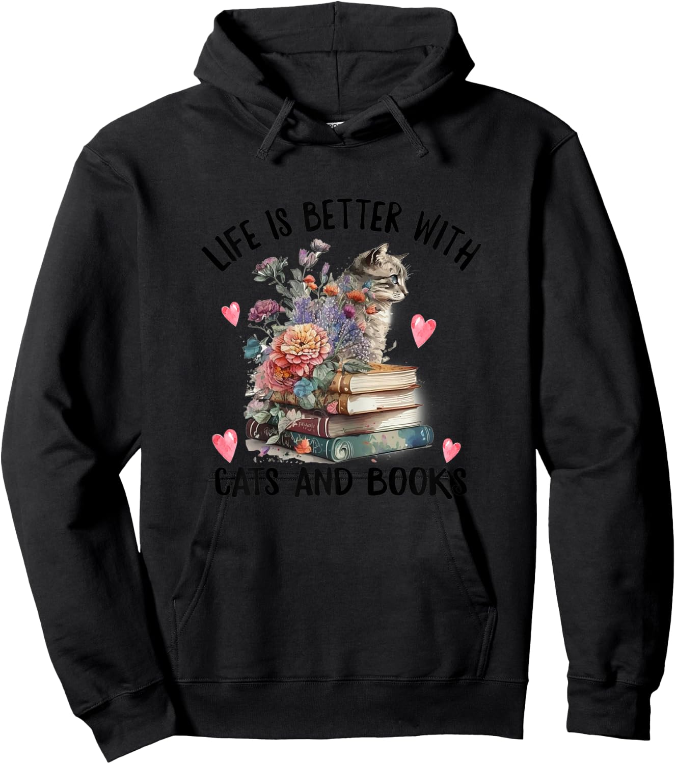 Life is better with Cats and Books Funny Cat Watercolor Hoodie - Hoodie | Black
