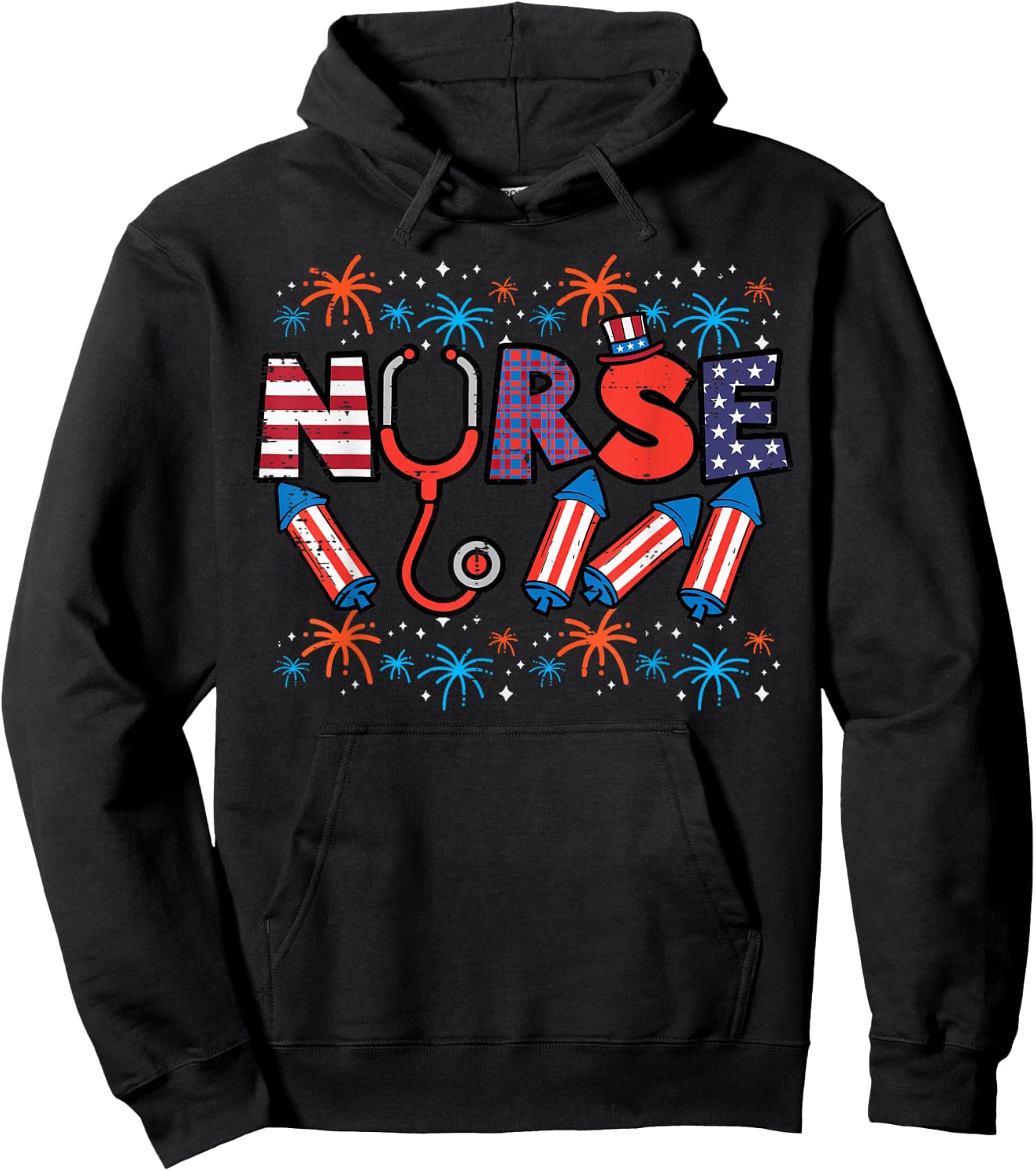 4th Of July Nurse Stethoscope Patriotic Scrub Top Women Men Hoodie - Hoodie | Black