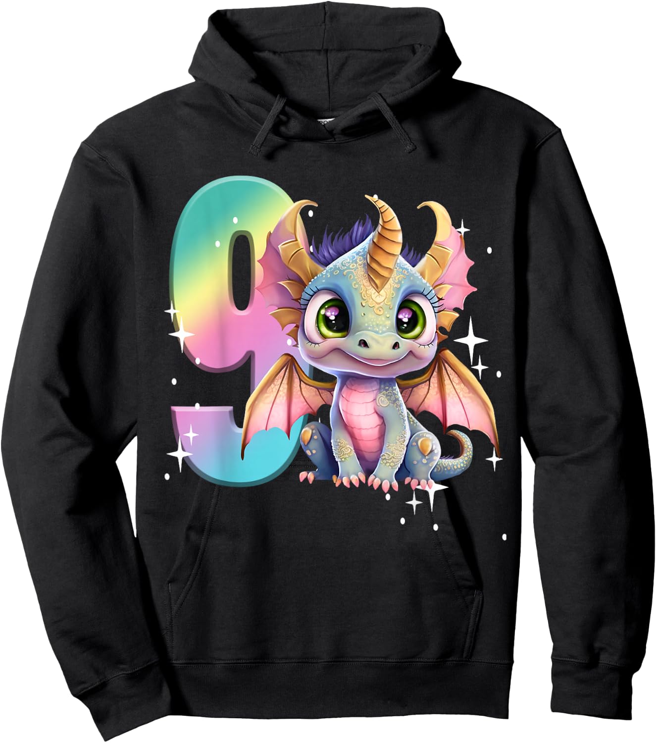 9th Birthday Shirt Dragon Party Rainbow Girl Dragon Nine 9 Hoodie - Hoodie | Black