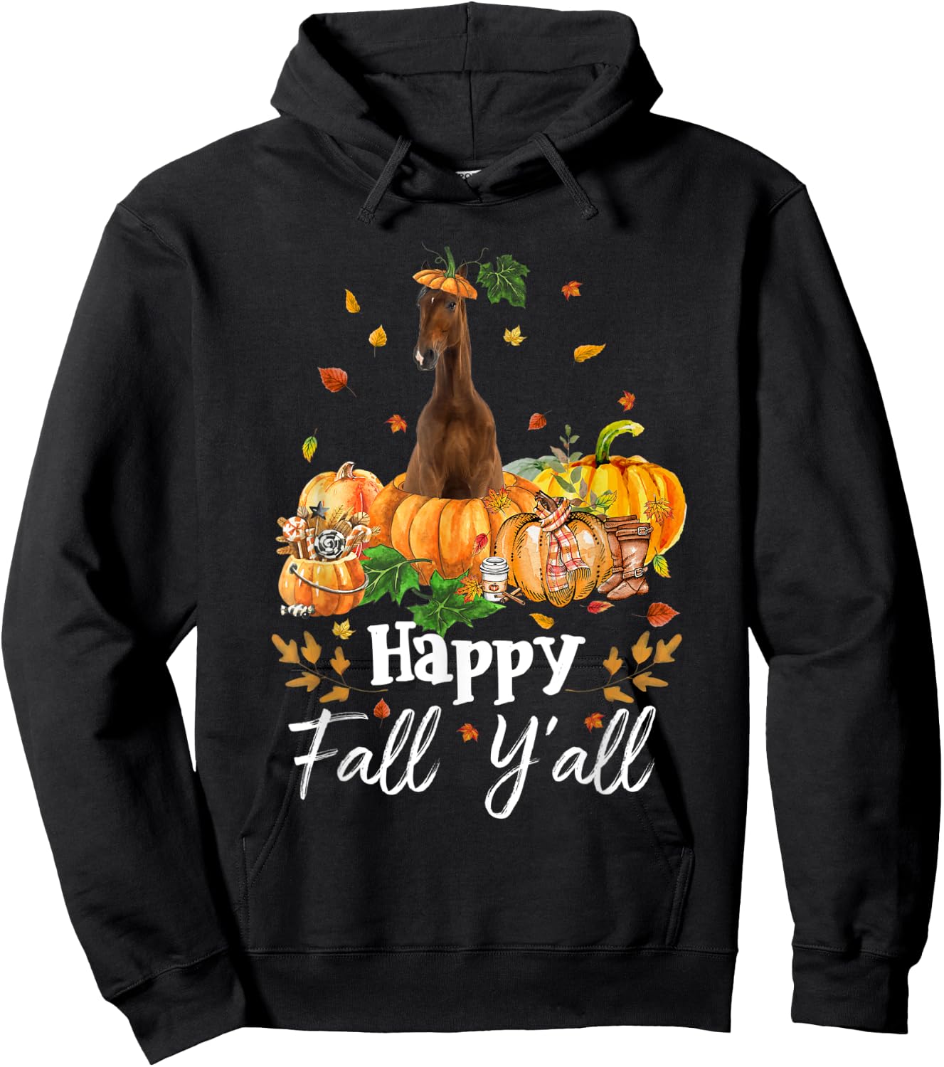 Happy Fall Y'all Horse Thanksgiving Horse Lover Halloween Hoodie - Hoodie | Black