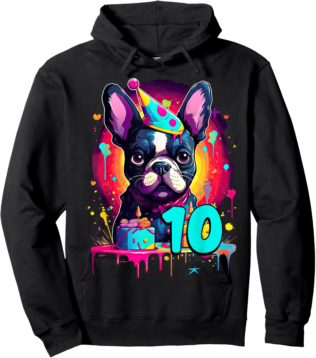 French Bulldog Dog 10th Birthday Themed Party 10 Years Old Men Women Girls Kids Hoodie - Hoodie | Black