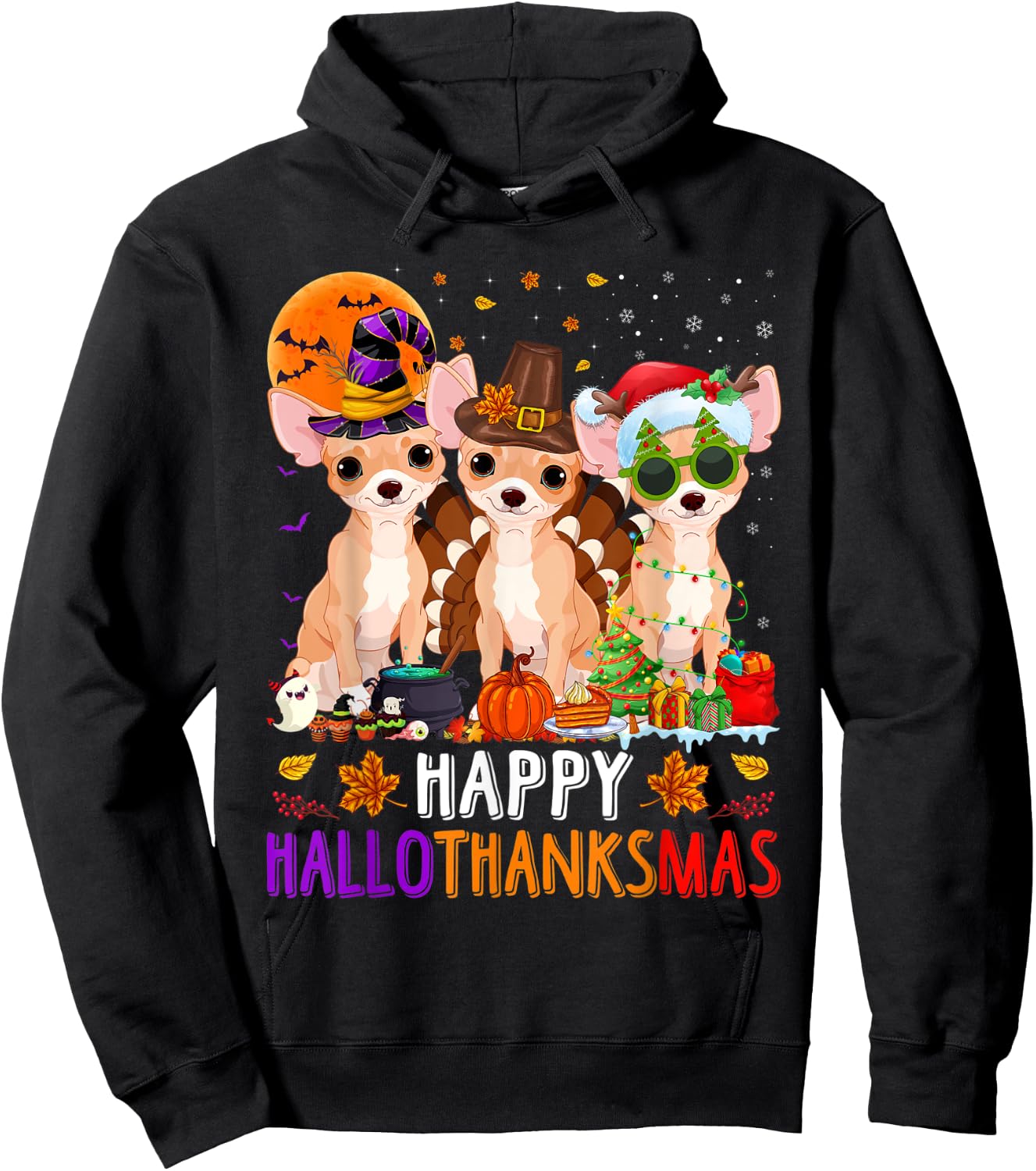 Happy Hallothanksmas Chihuahua Dog Halloween Christmas Hoodie - Hoodie | Black