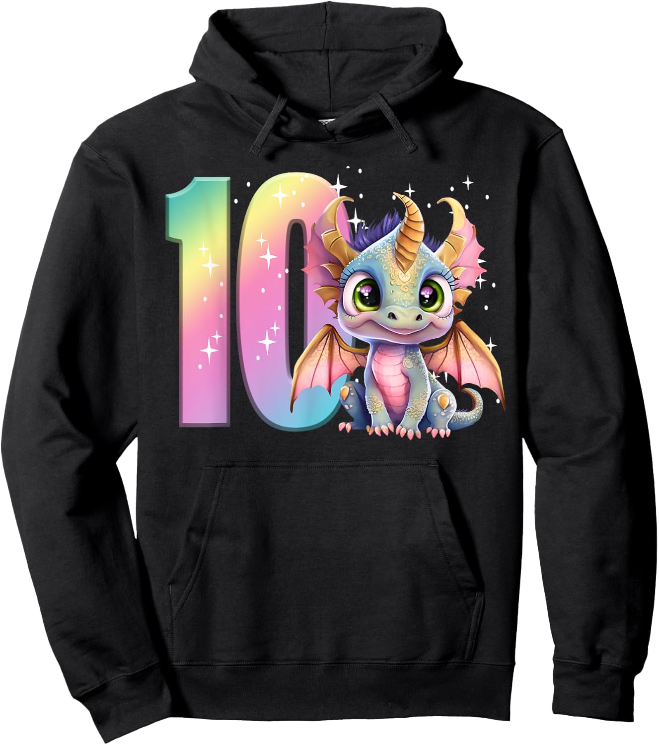 10th Birthday Shirt Dragon Party Rainbow Girl Double Digits Hoodie - Hoodie | Black