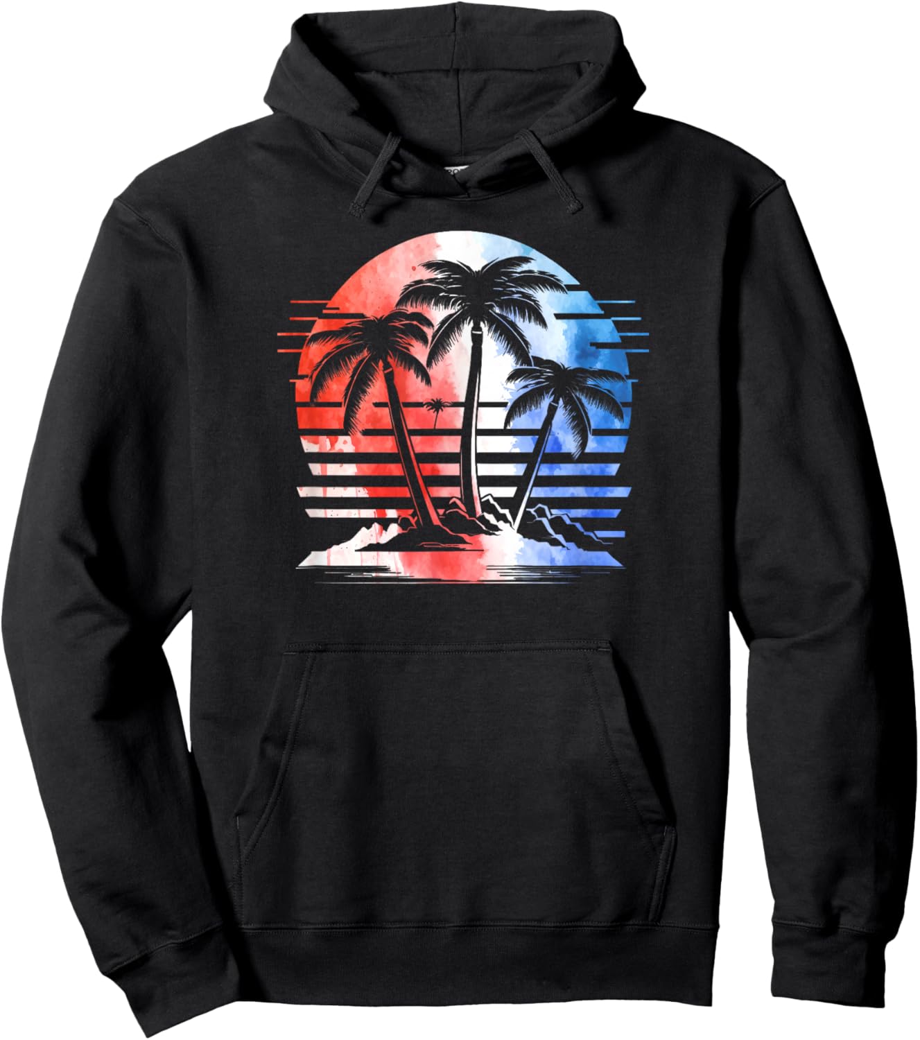 Red White Blue Retro Beach Palm Trees 4th of July Patriotic Hoodie - Hoodie | Black