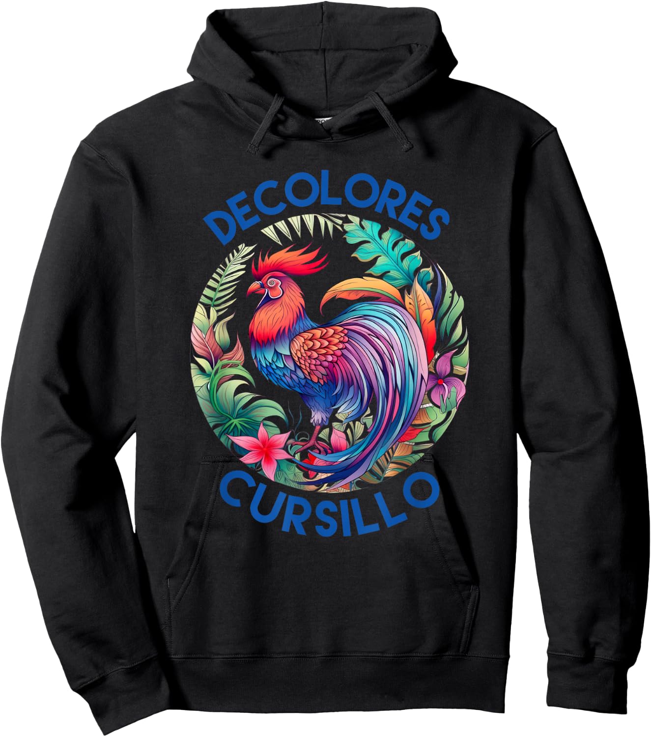 DeColores Cursillo Colorful Rooster Circle With Flowers Hoodie - Hoodie | Black