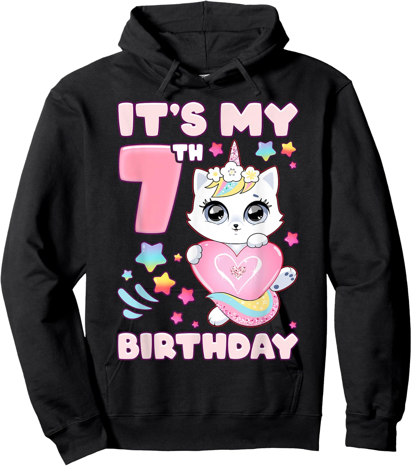 Birthday girl 7 years old, cat, unicorn, 7th birthday Hoodie - Hoodie | Black