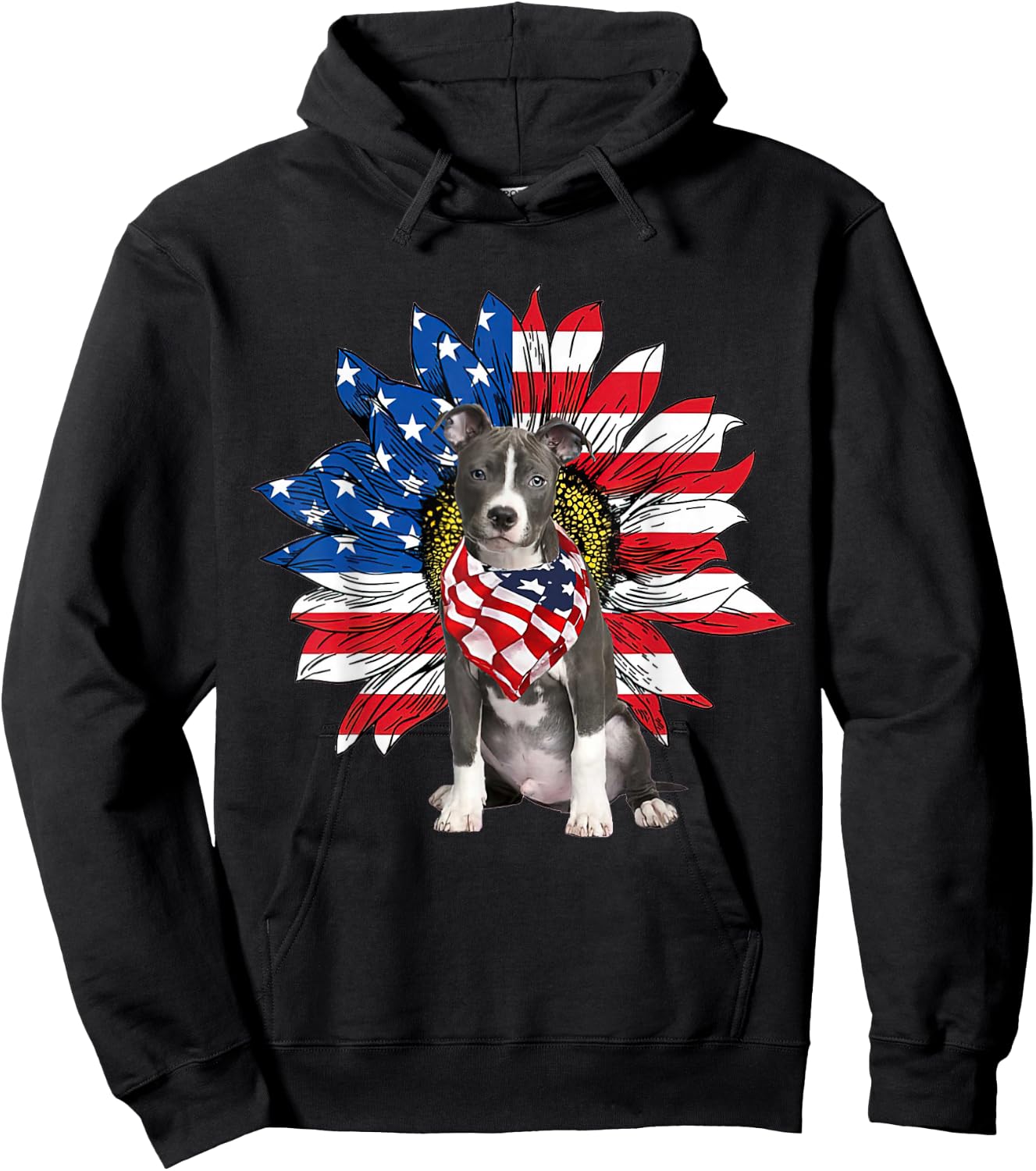 Blue Nose Pitbull American Flag Sunflower Dog Lovers 4th Of Hoodie - Hoodie | Black