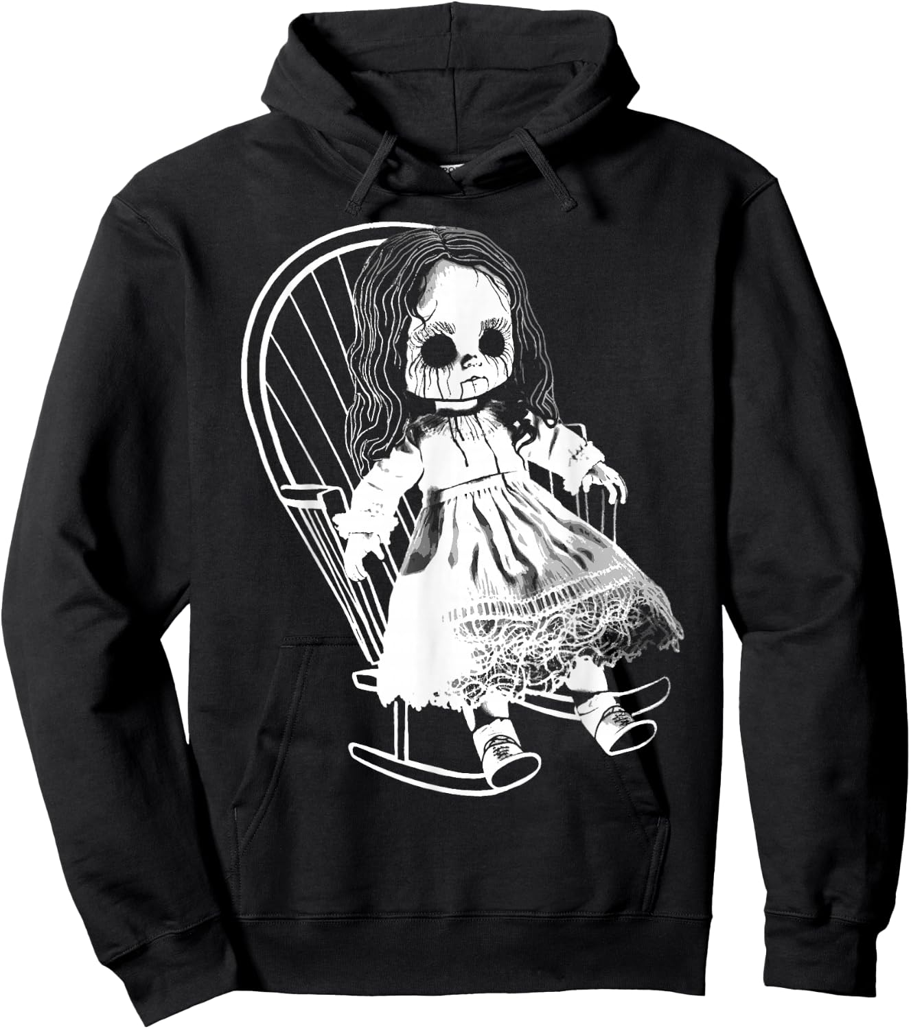 Creepy Nightmare Haunted Horror Doll Sits In Rocking Chair Hoodie - Hoodie | Black