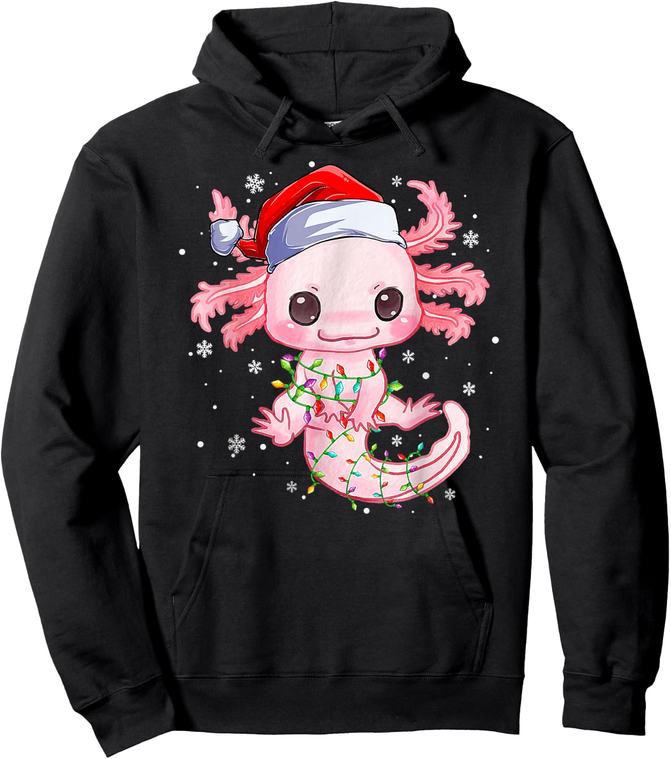 Christmas Axolotl Santa Hat Lights Japanese Cute Anime Xmas Hoodie - Hoodie | Black