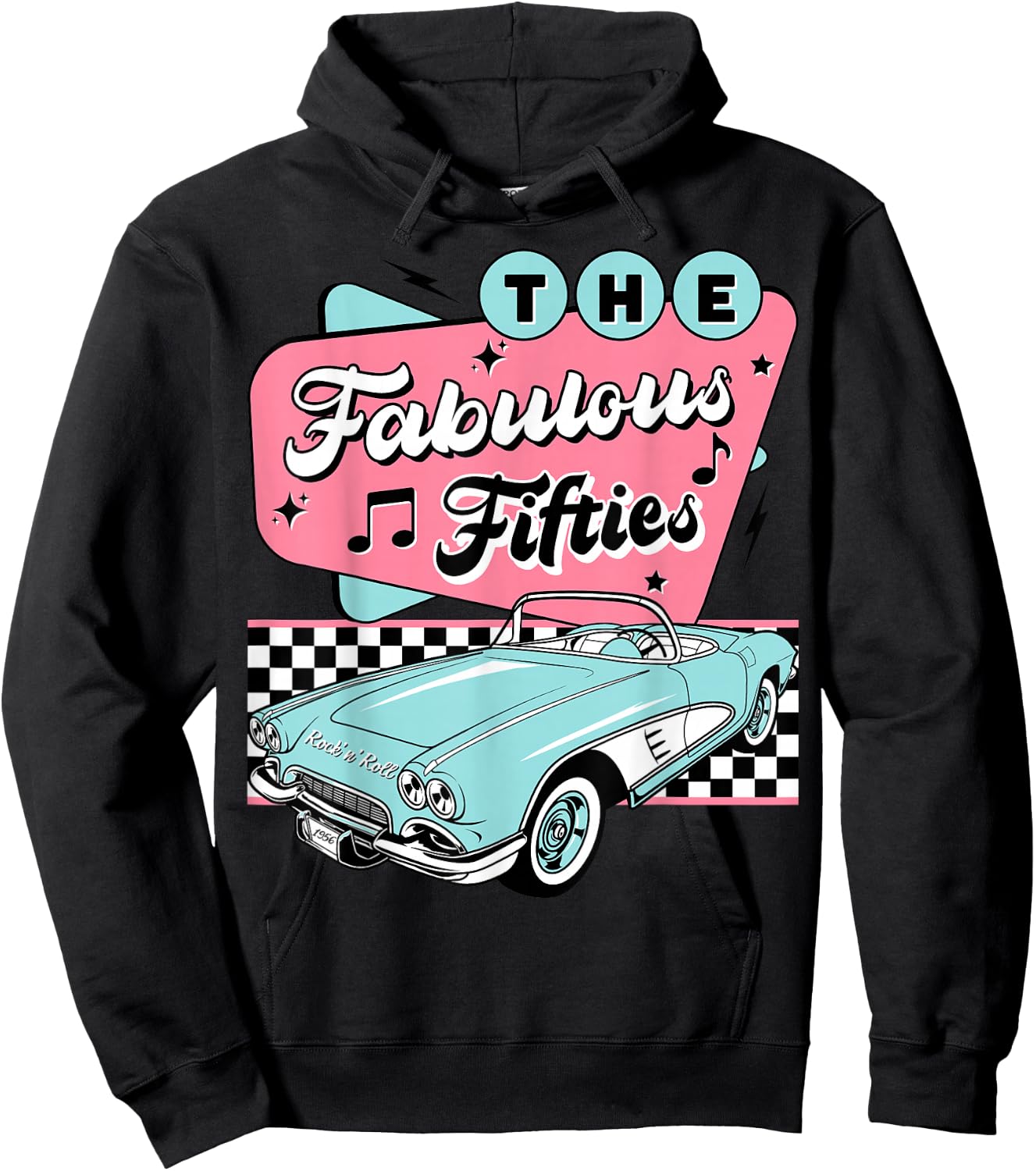 The Fifties 1950s Car Music Checkerboard Rockabilly Sock Hop Hoodie - Hoodie | Black