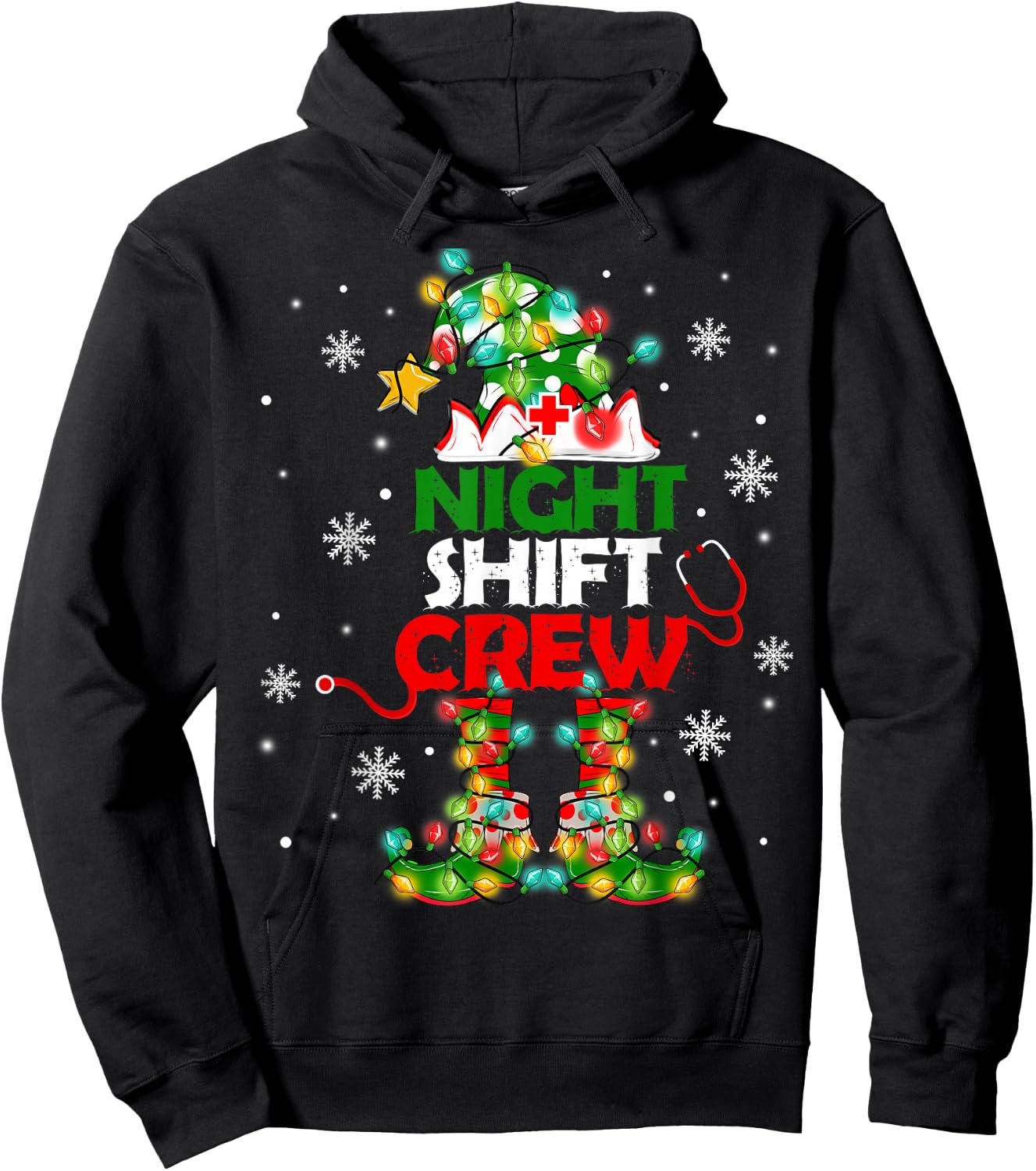 Funny Nurse Elf Christmas Lights Cute Xmas Night Shift Crew Hoodie - Hoodie | Black