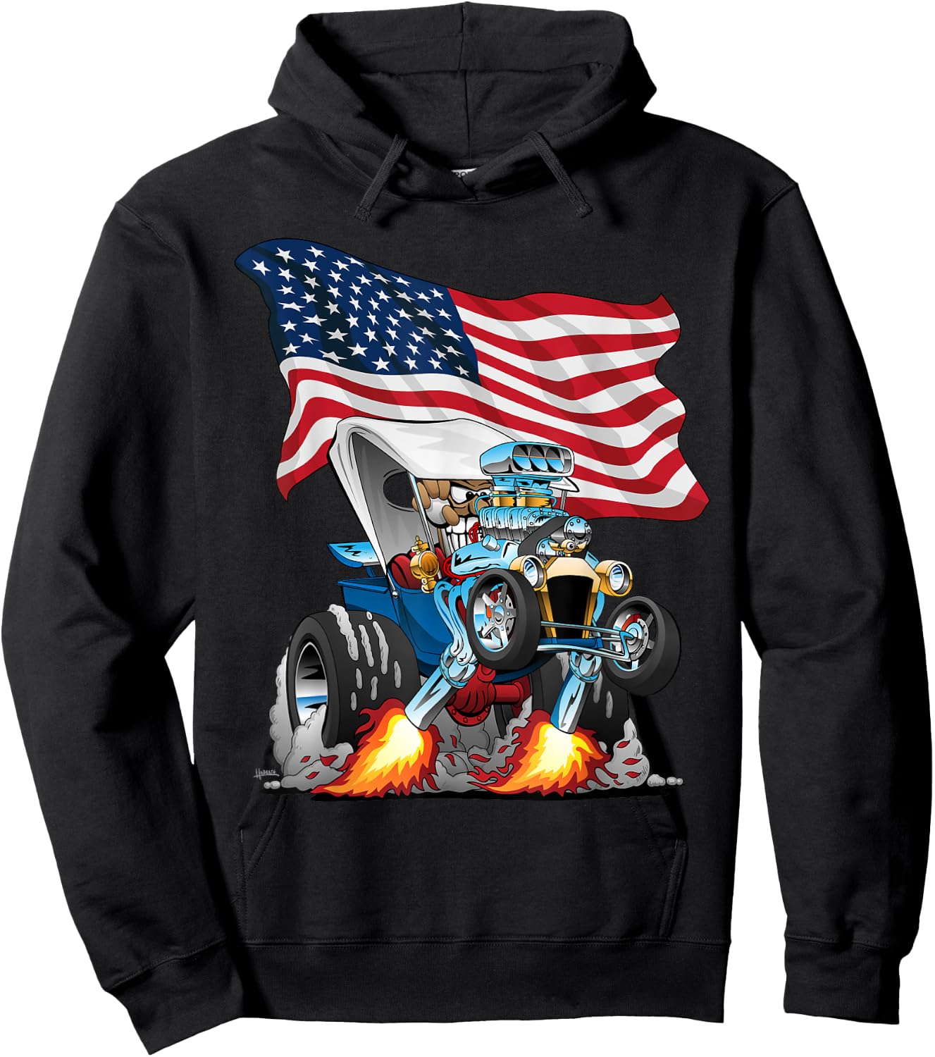 T-bucket Style Car Hotrod USA Flag Patriotic Cartoon Design Hoodie - Hoodie | Black