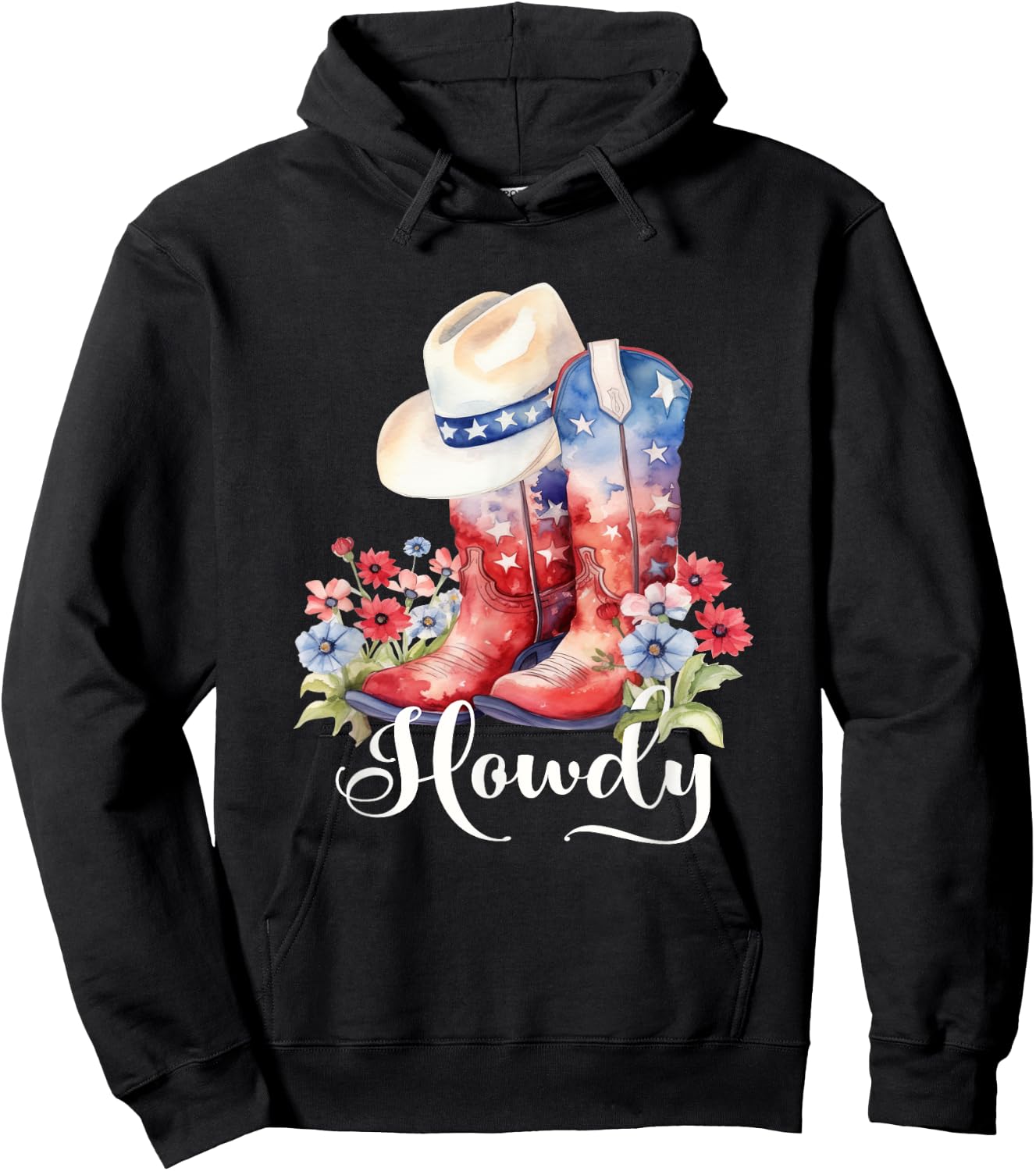 Cute Watercolor Cowgirl Boots Hat Flower Howdy Women Girls Hoodie - Hoodie | Black