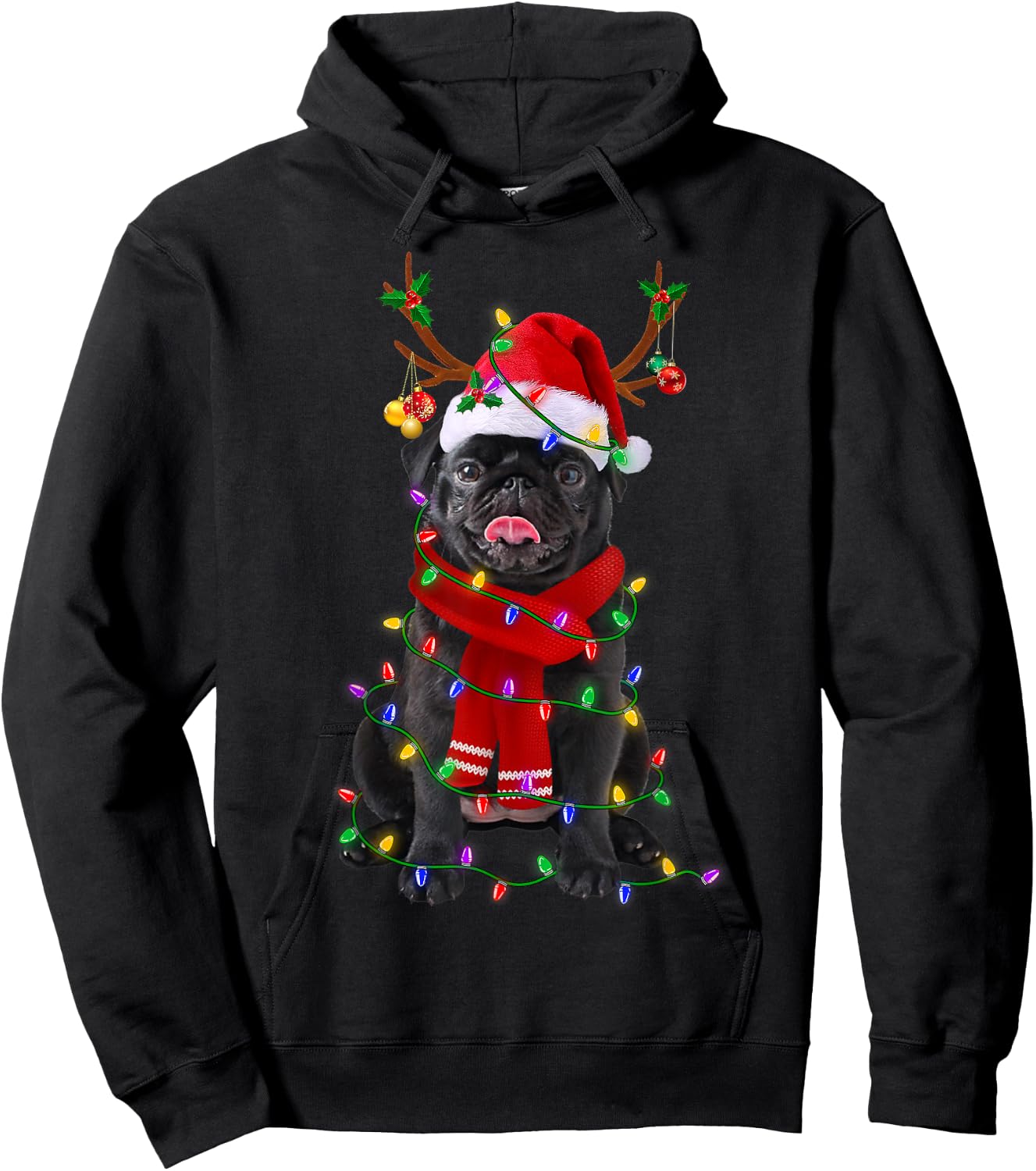 Black Pug Dog Tree Christmas Lights Xmas Pajama Men Women Kids Hoodie - Hoodie | Black