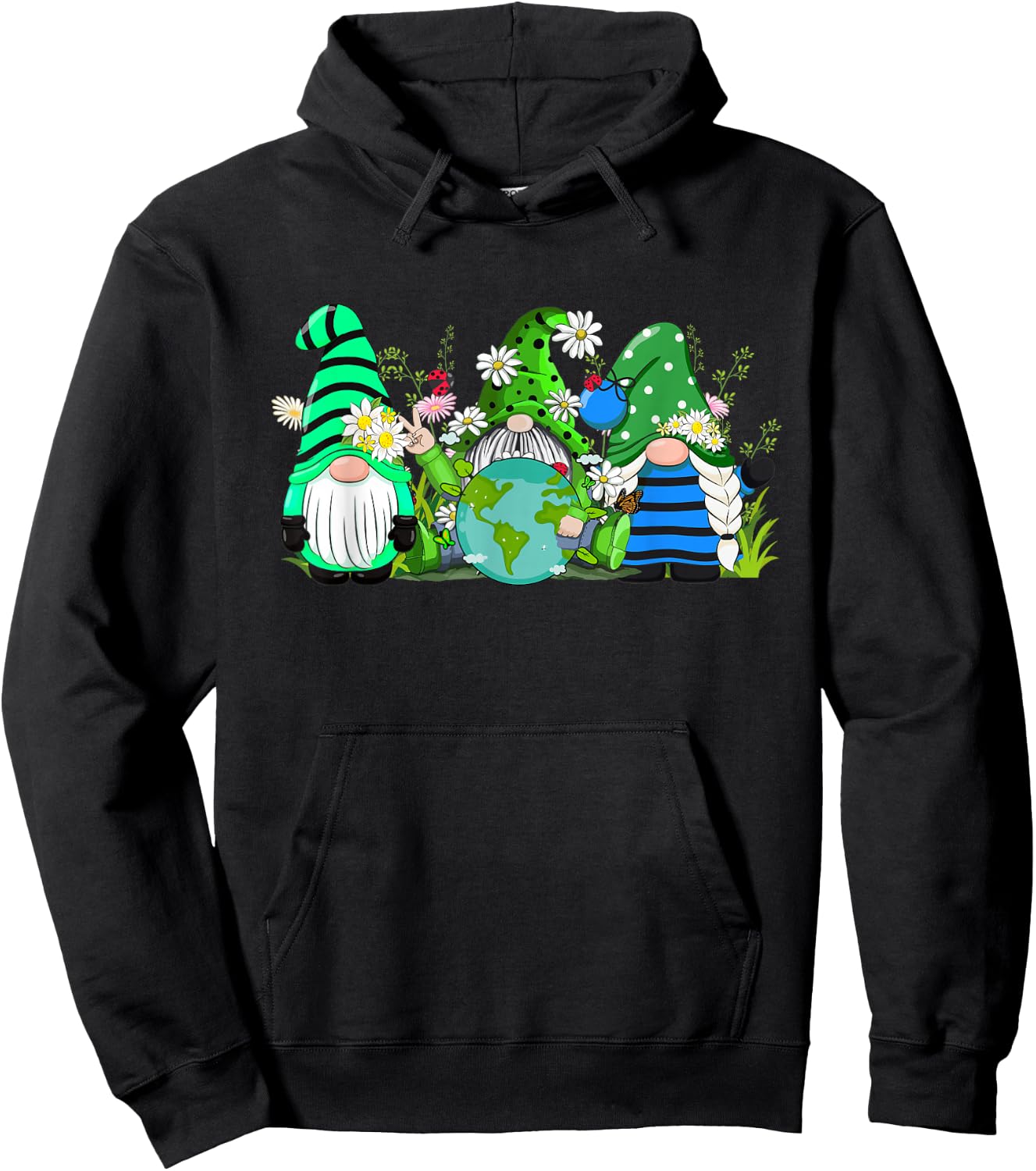 Three Gnomes Daisy Flower Earth Day Funny Gnome Lover Hoodie - Hoodie | Black