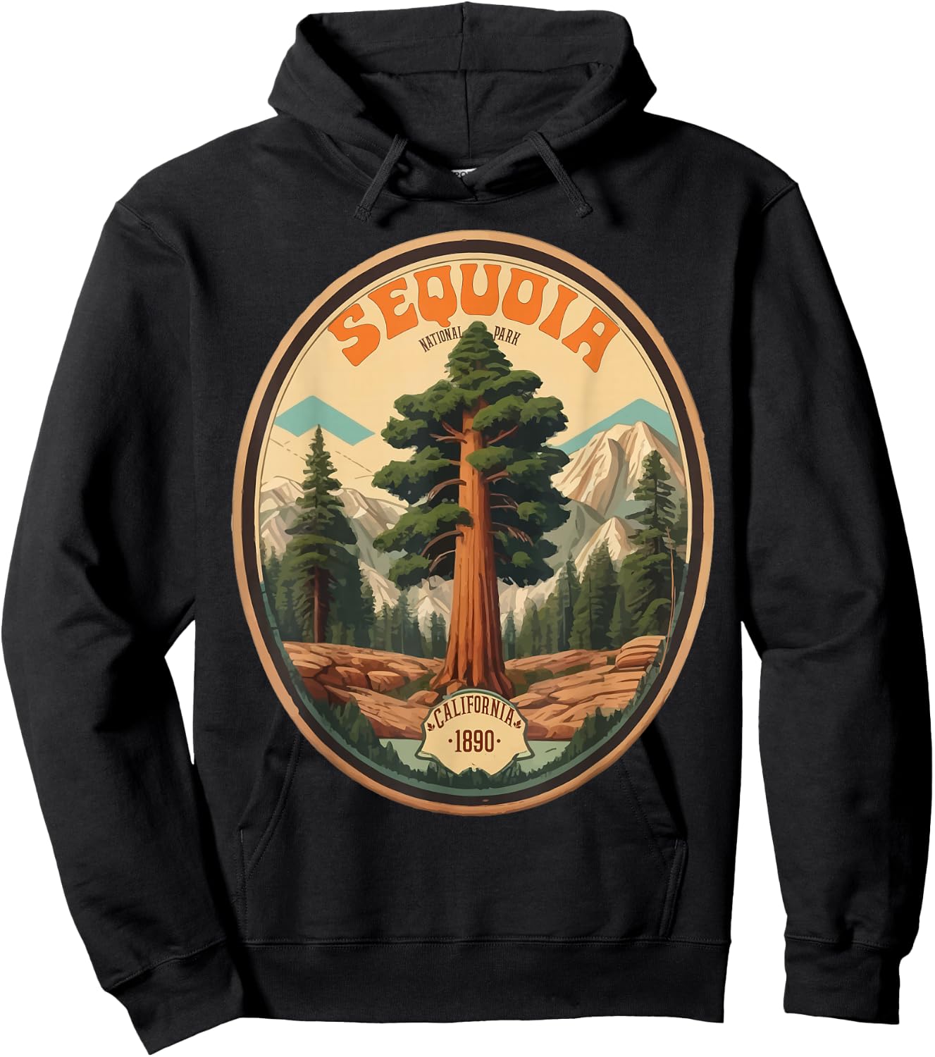 Sequoia National Park Tree Illustration Hiking Retro Badge Hoodie - Hoodie | Black